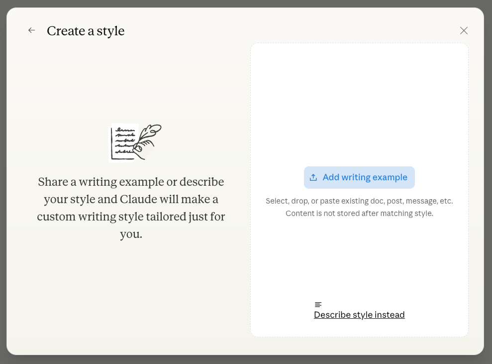 Upload writing samples to Claude to create a personalized AI writing style