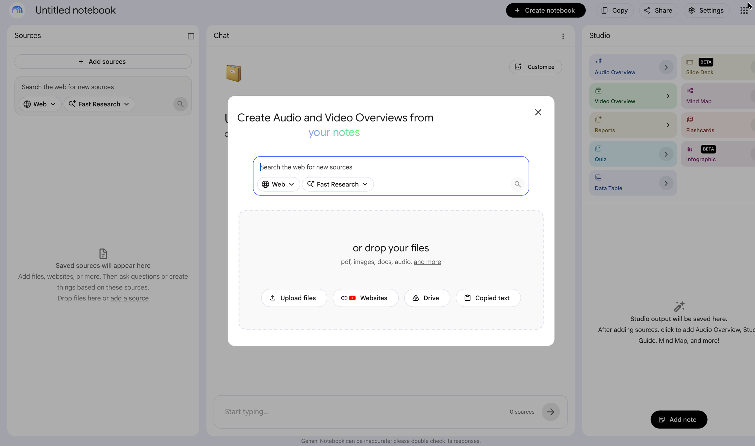 Upload PDFs, text, or links to NotebookLM and let AI analyze your research efficiently.