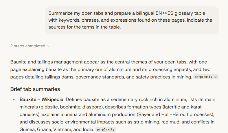 AI browser summarizing multiple tabs and generating a glossary