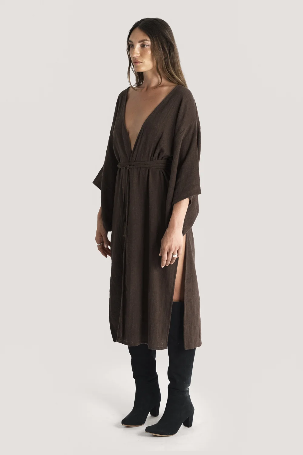brown kimono dress Classic Comfort: Midi-Length Kimono Solid Brown Robe Dress Custom main image 0