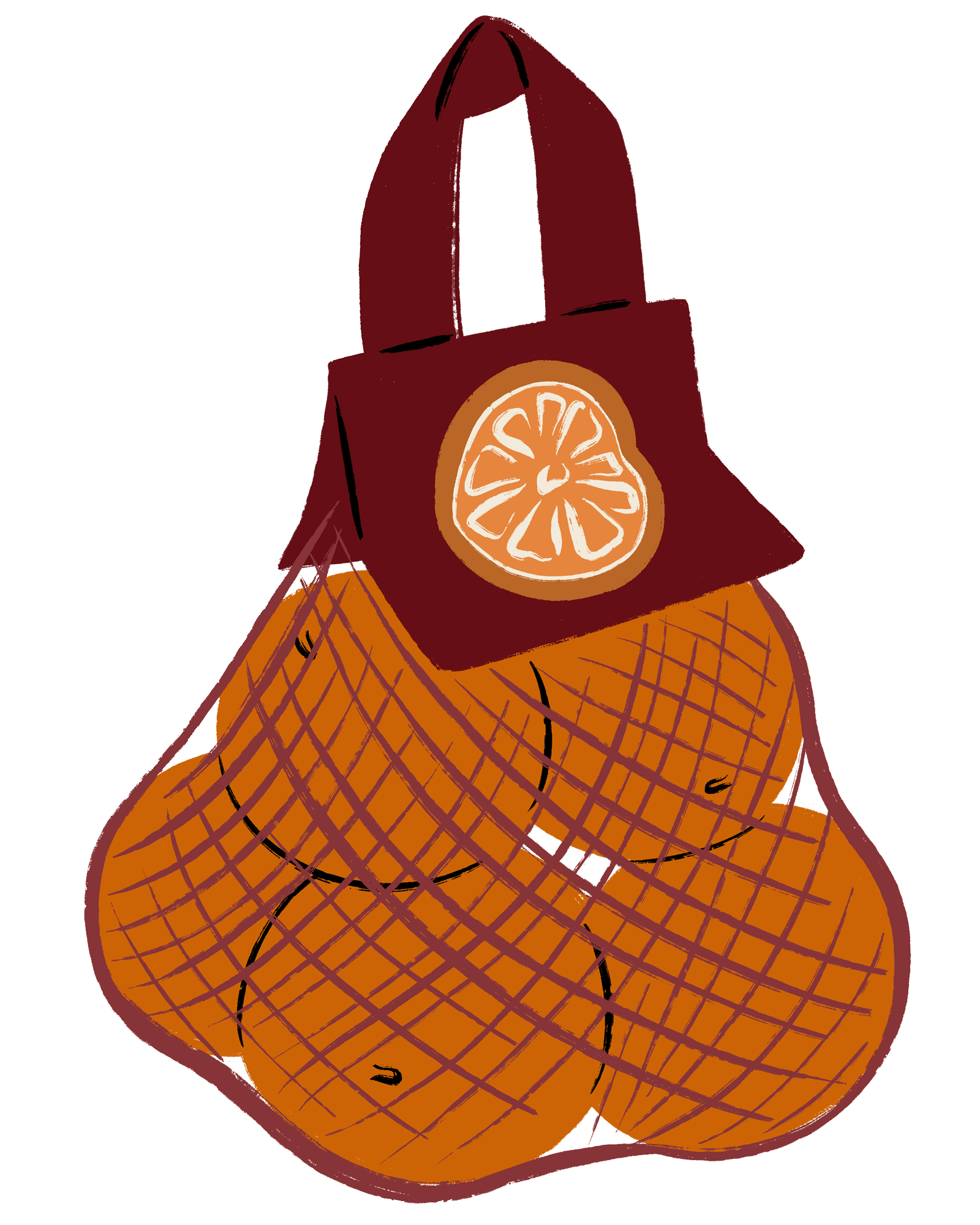 Illustration of a net with oranges illustrated by Sandy van Helden