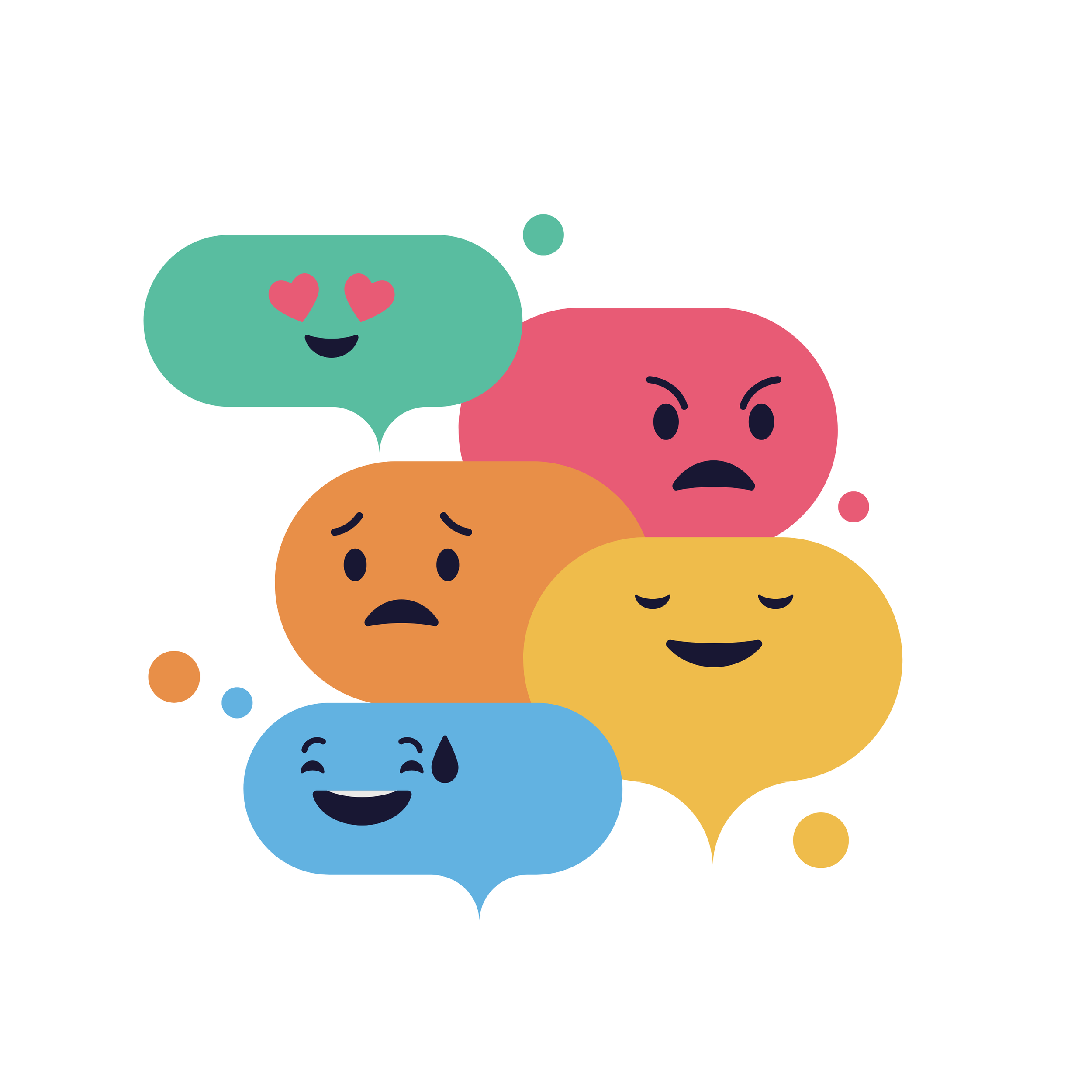 Colorful illustrated emojis with various facial expressions including happy, angry, sad, and affectionate, arranged in a cluster.