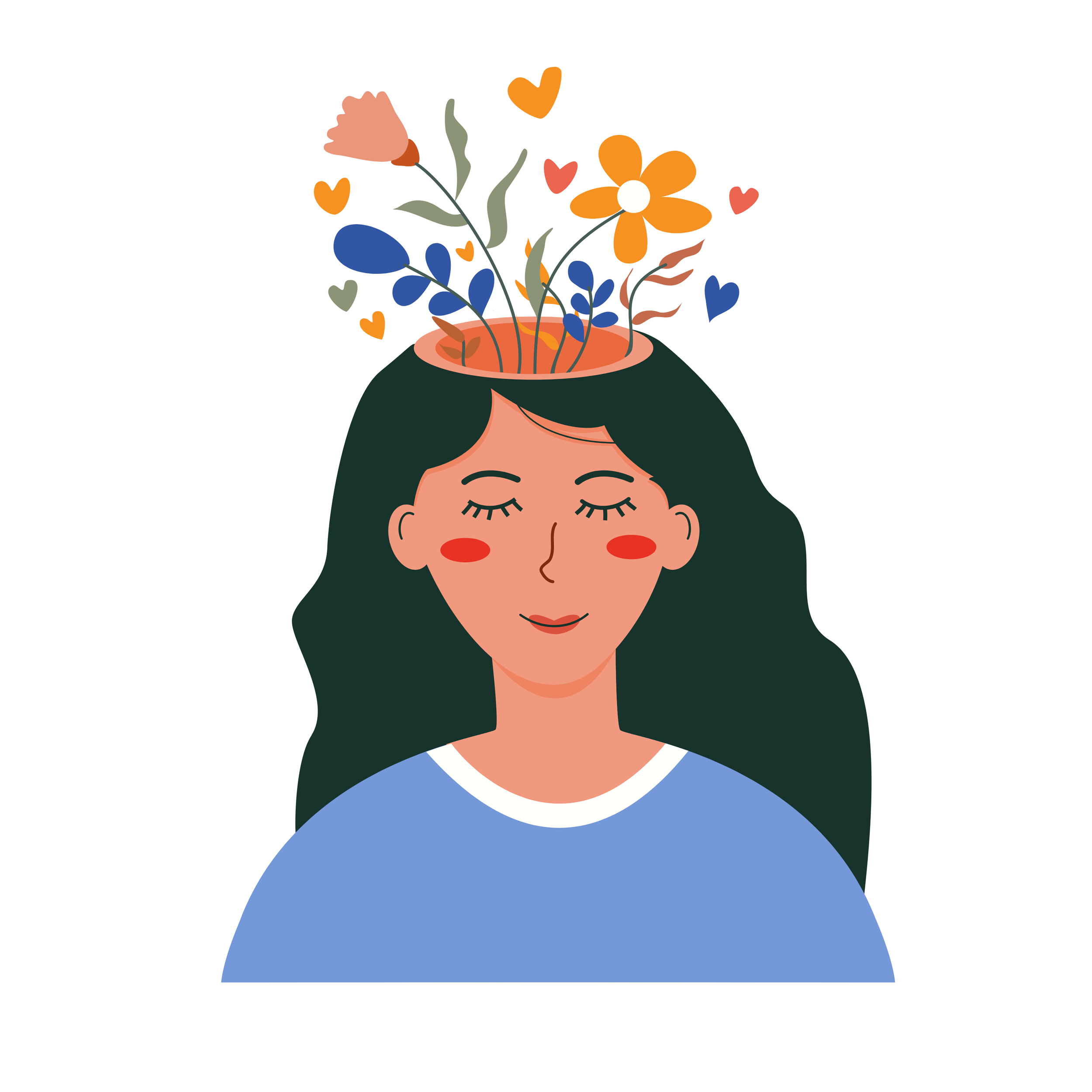 A woman with long dark hair has an open head with colorful flowers and hearts growing out of it, symbolizing creativity or positive thinking.