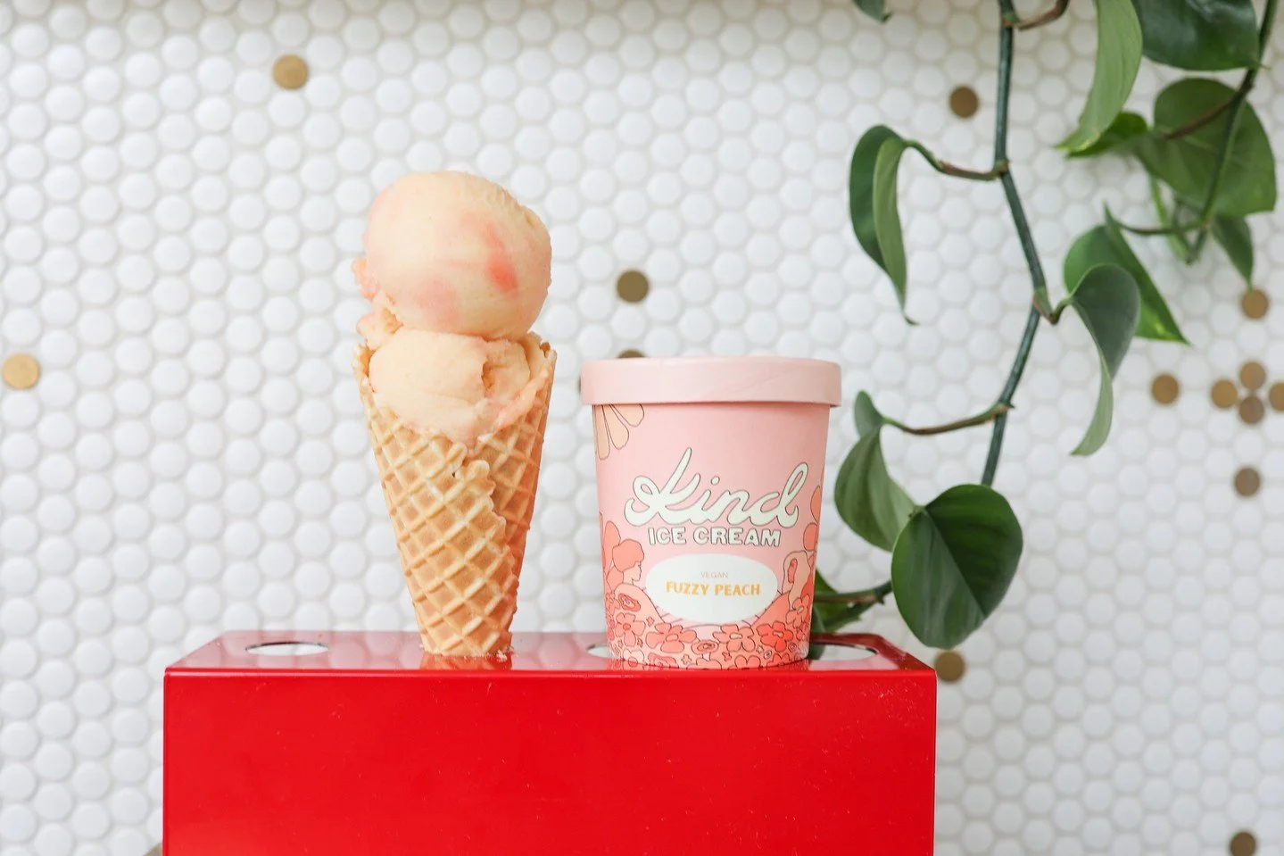 A brand new flavour! Fuzzy Peach Sorbet has been on our dream rotation for quite awhile and we think we've finally gotten it just right. Made with tons of real peach, it's refreshing and a little bit sour (but not enough to absolutely destroy your ta