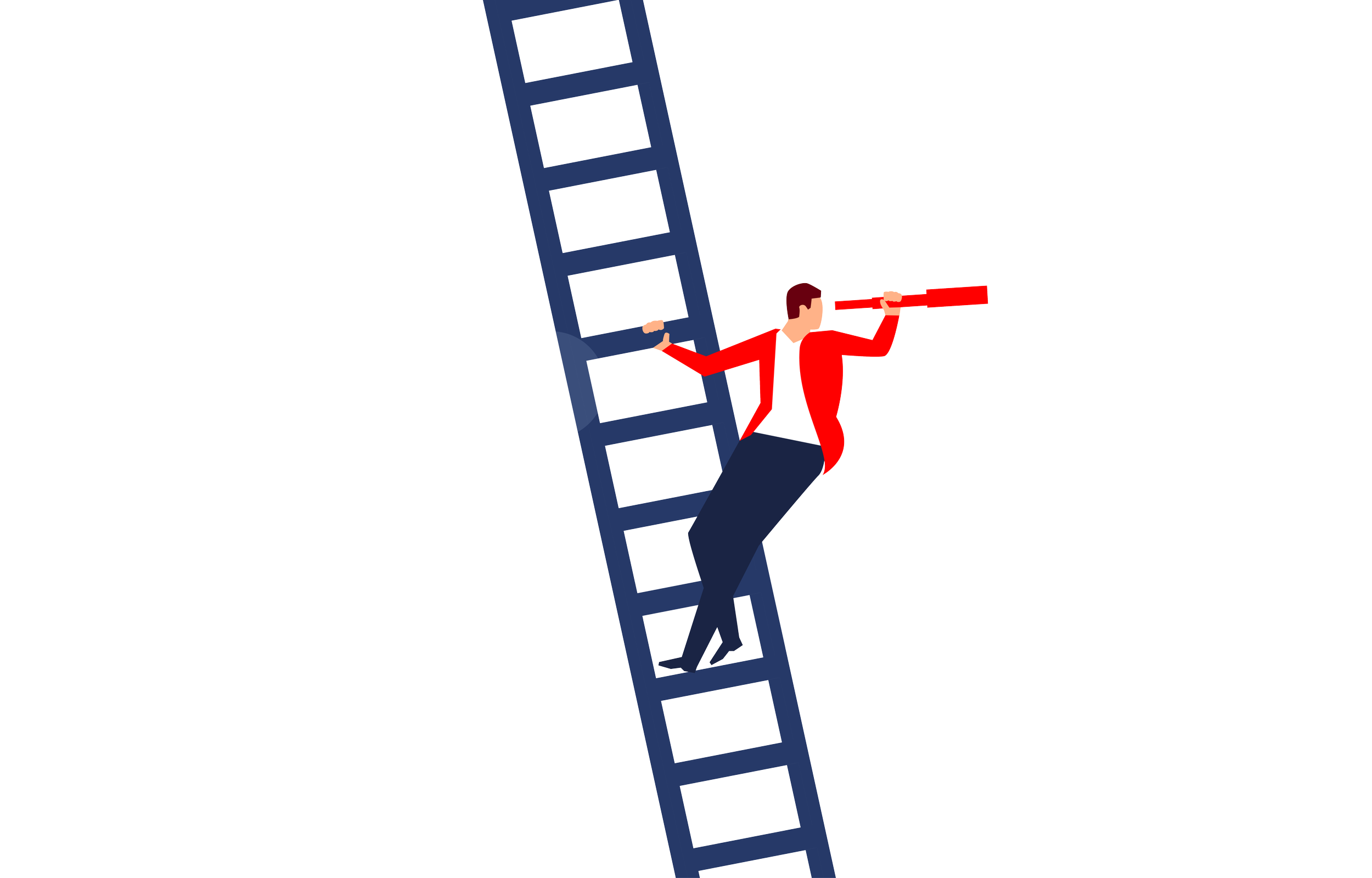 Illustration of a man in a red jacket holding a telescope and climbing a ladder against a background of clouds.