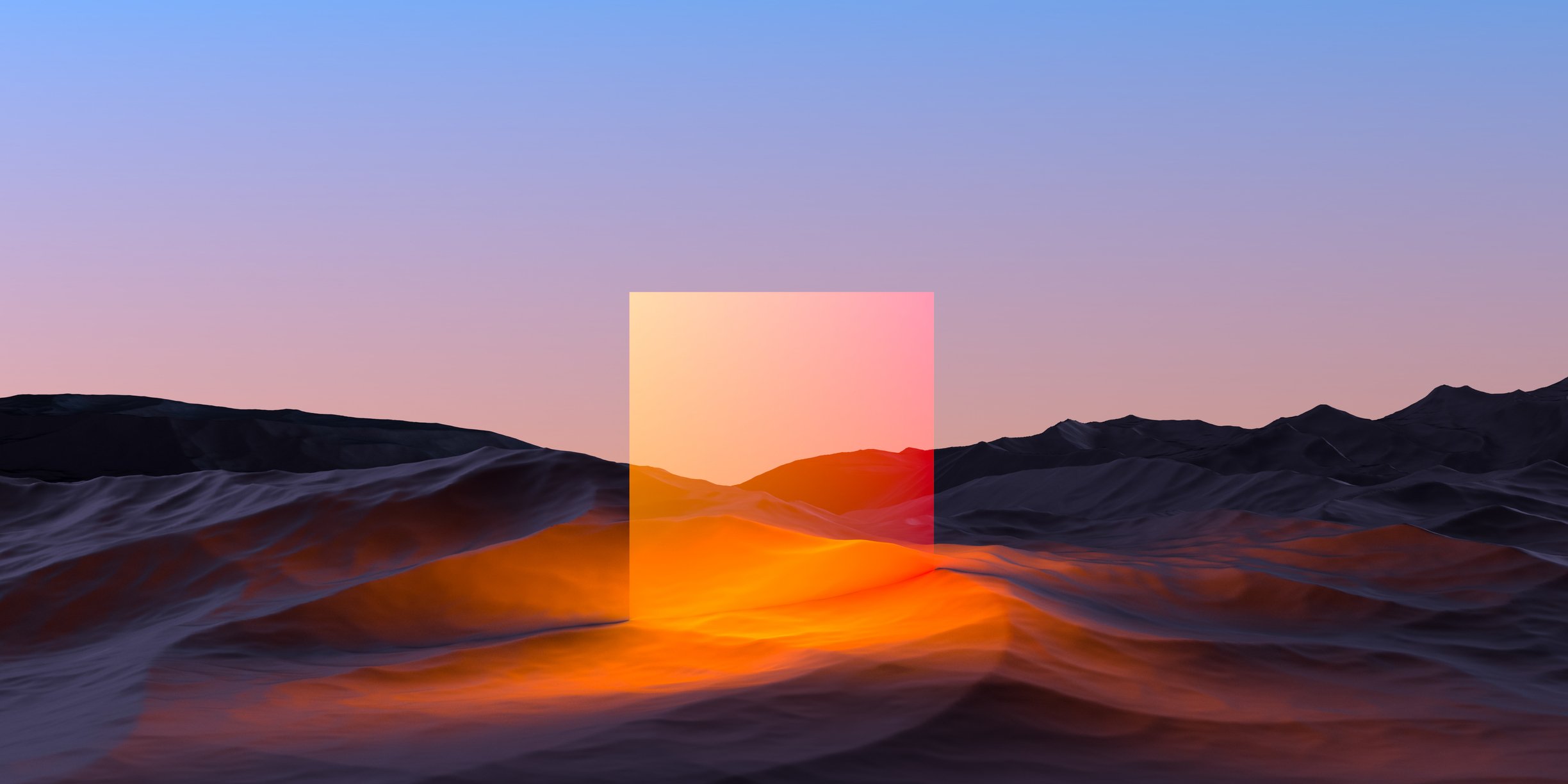 Digital artwork of a sunset behind mountains with a semi-transparent pink and yellow cube in the foreground.