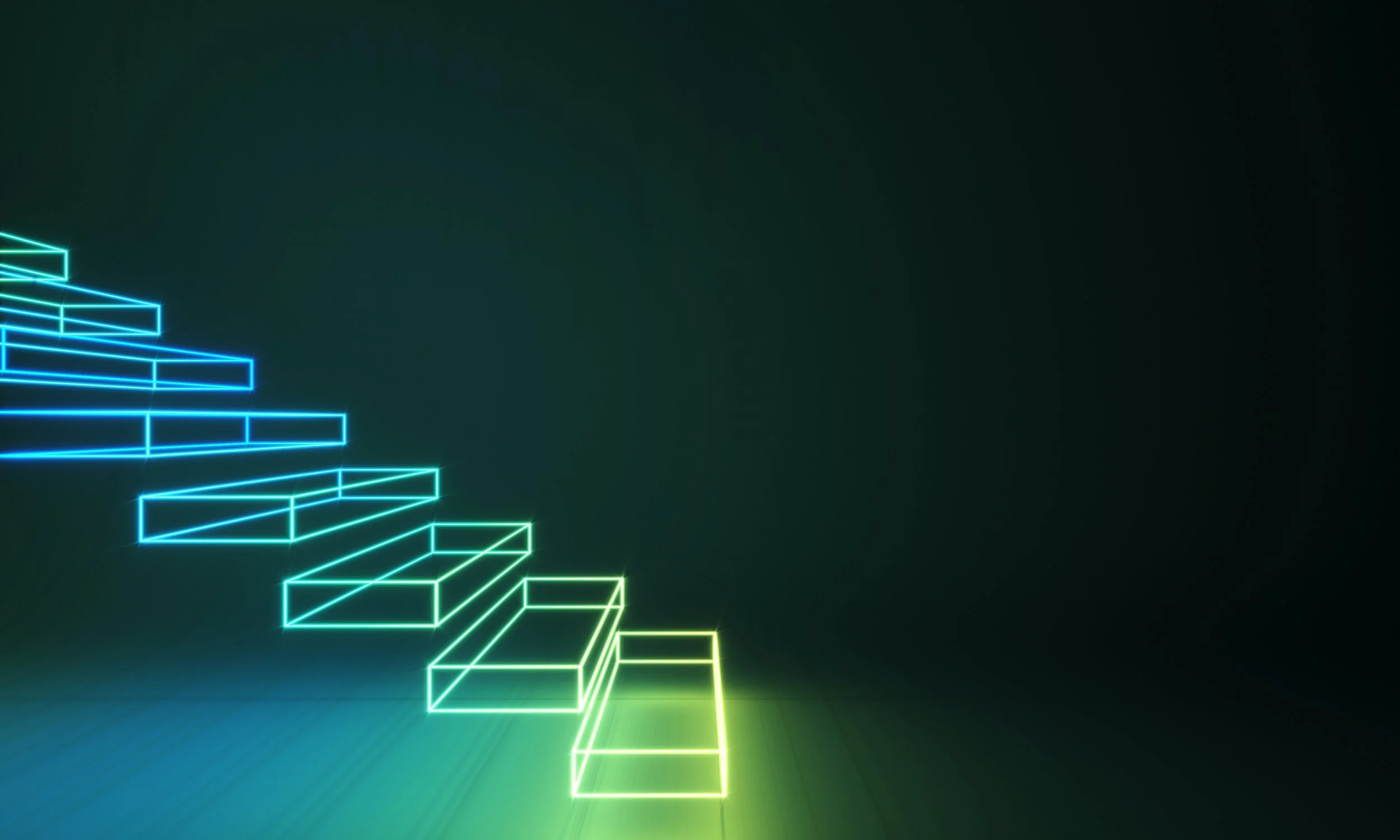 Neon outline of ascending rectangular steps glowing in green, blue, and teal tones on a dark background.