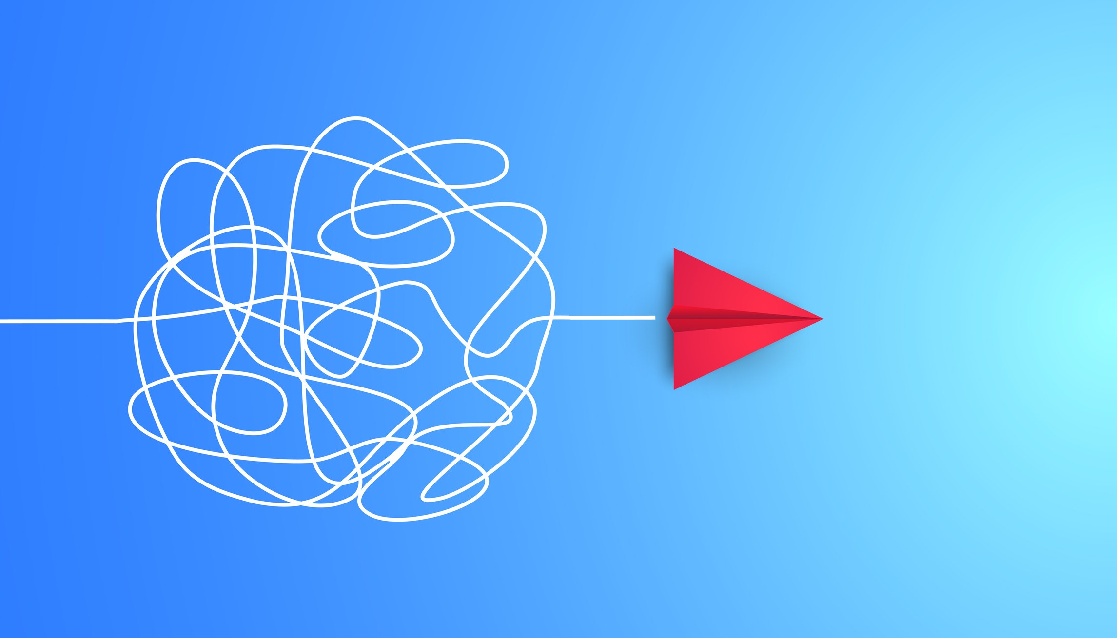White tangled line on blue background pointing to red paper airplane.