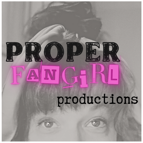 A promotional graphic for Proper Fangirl Productions featuring black and pink text over a grayscale photo of a Heather Lovelady's face with hair covering part of her eyes.