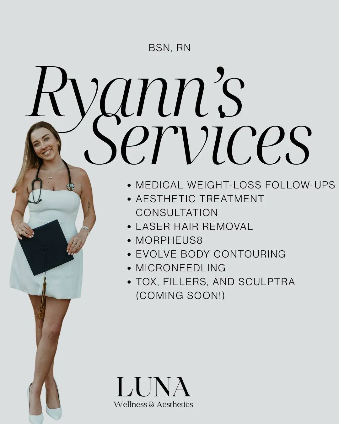 👩&zwj;⚕️ Ryann, RN is here for all of your current services (see above 👆) &mdash; and in the next few weeks, she&rsquo;ll be attending continued education courses for injectables 💉. Stay tuned&hellip; exciting things are on the way! ✨ #LunaWellnes