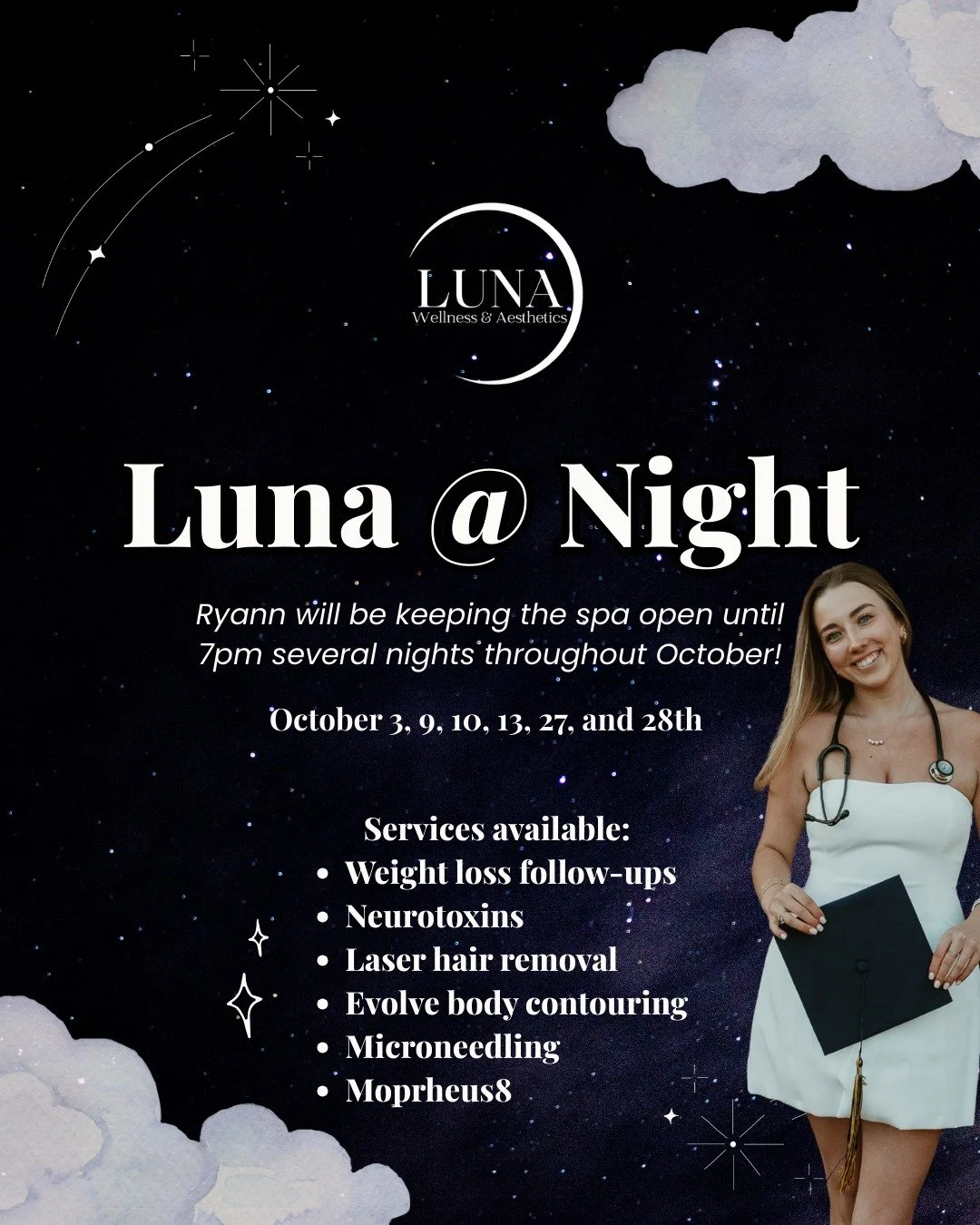 ✨🌙 Luna @ Night is here! 🌙✨
We know it&rsquo;s not always easy to sneak in an appointment before 5pm &mdash; so Ryann, our nurse, will be keeping Luna open late until 7pm on select nights this October: 3, 9, 10, 13, 27 &amp; 28.

Plus &mdash; start