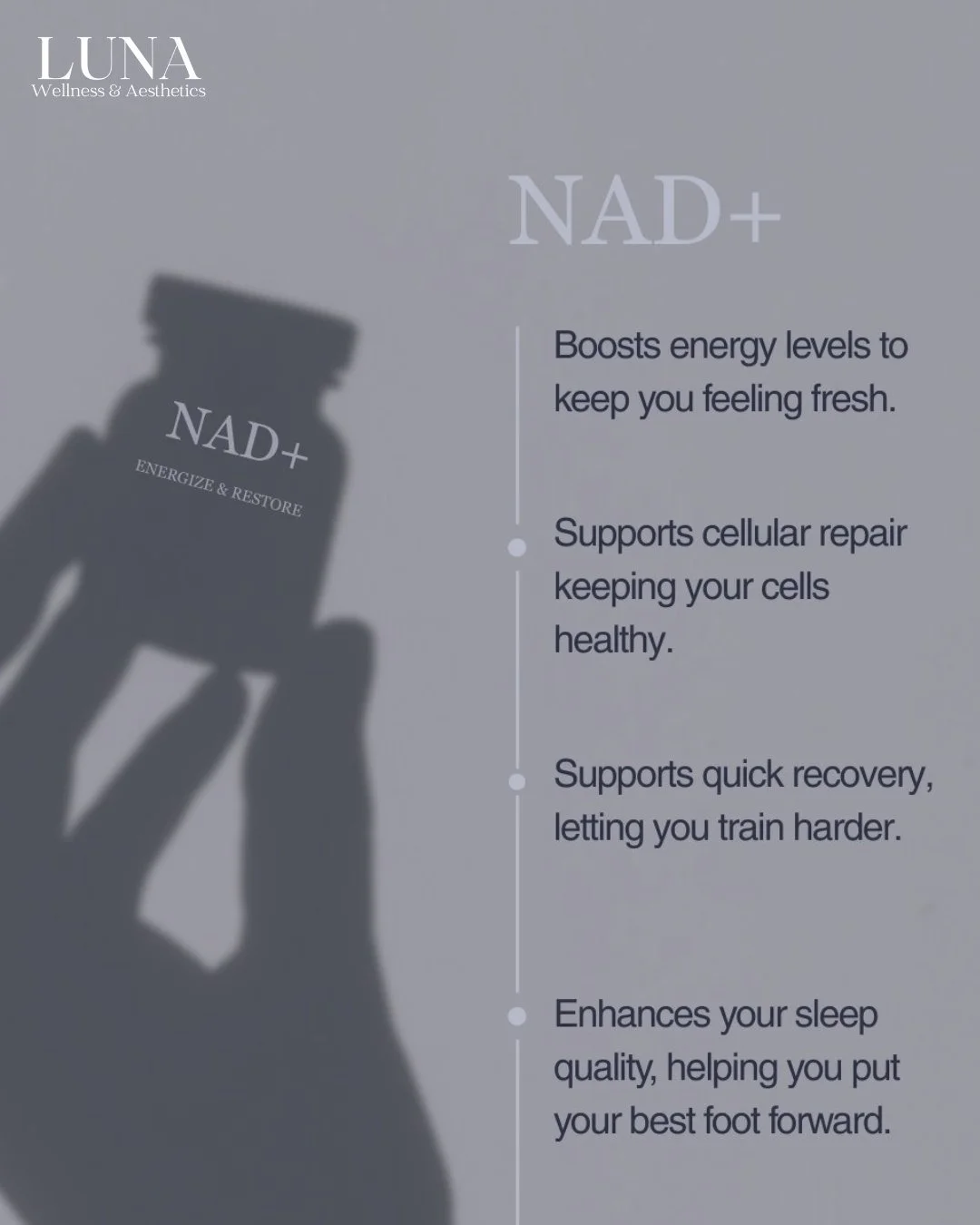 Tired? Foggy? Low energy? NAD+ is the ultimate cellular recharge. 💥 This powerhouse molecule boosts your metabolism, enhances brain clarity, supports healthy aging, and helps your body repair from the inside out. Whether you&rsquo;re looking to boun
