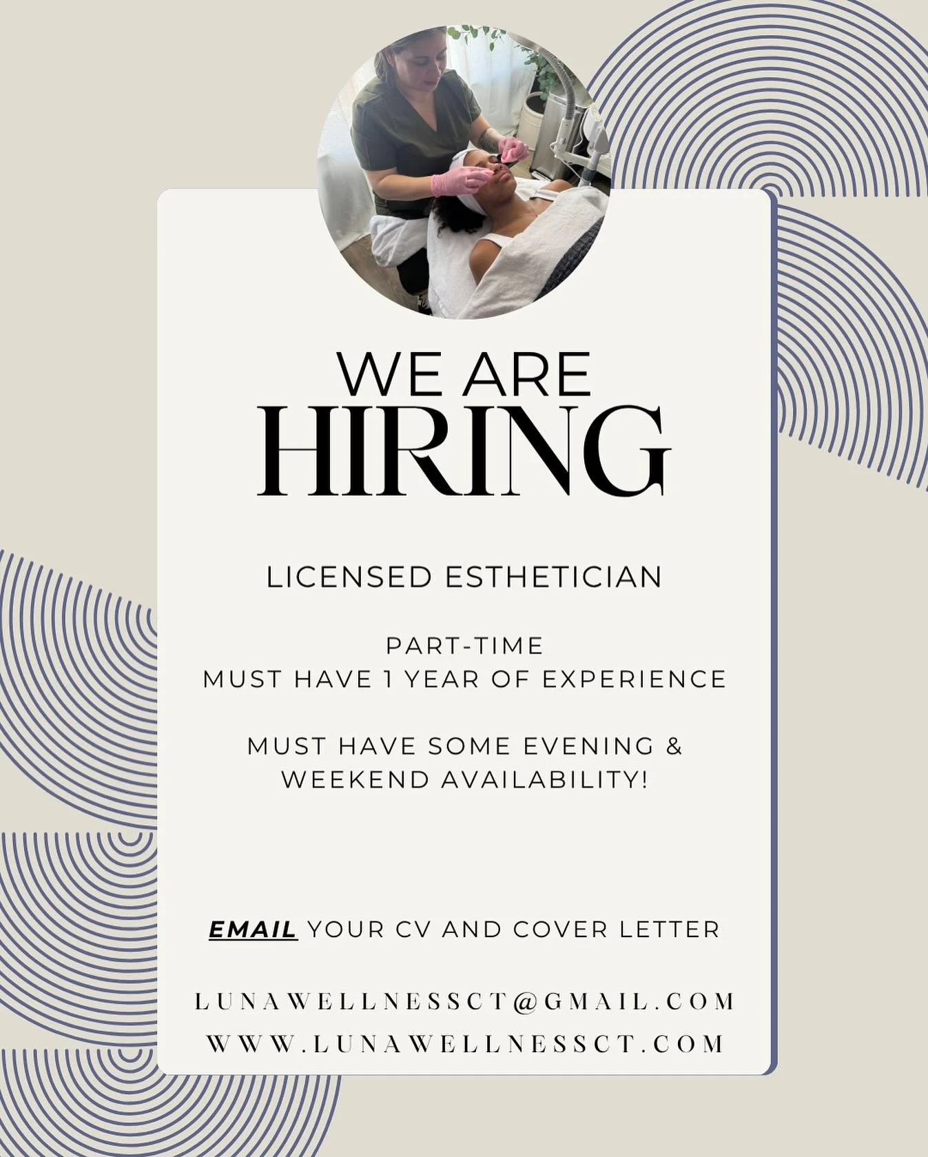 ✨ We&rsquo;re Hiring! ✨
Luna Wellness &amp; Aesthetics is looking to add a talented part-time Licensed Esthetician to our growing MedSpa team.
Ideal candidates have 1+ year of experience, a passion for skin health, and are available for some evening 
