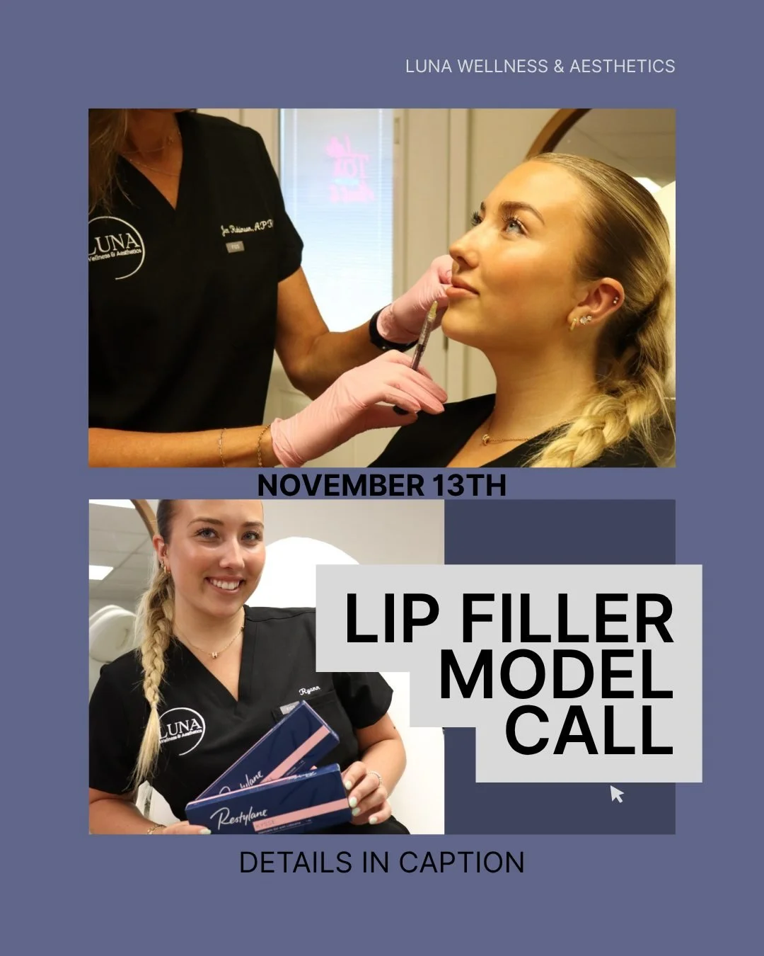 💋 MODEL CALL &mdash; Lip Filler with Ryann! 💋
We&rsquo;re looking for 3 models for lip filler Thursday, November 13th at Luna Wellness &amp; Aesthetics! ✨

📍 Available times: 10:00AM, 11:30AM, &amp; 1:00PM
💉 &frac12; price for either a half syrin