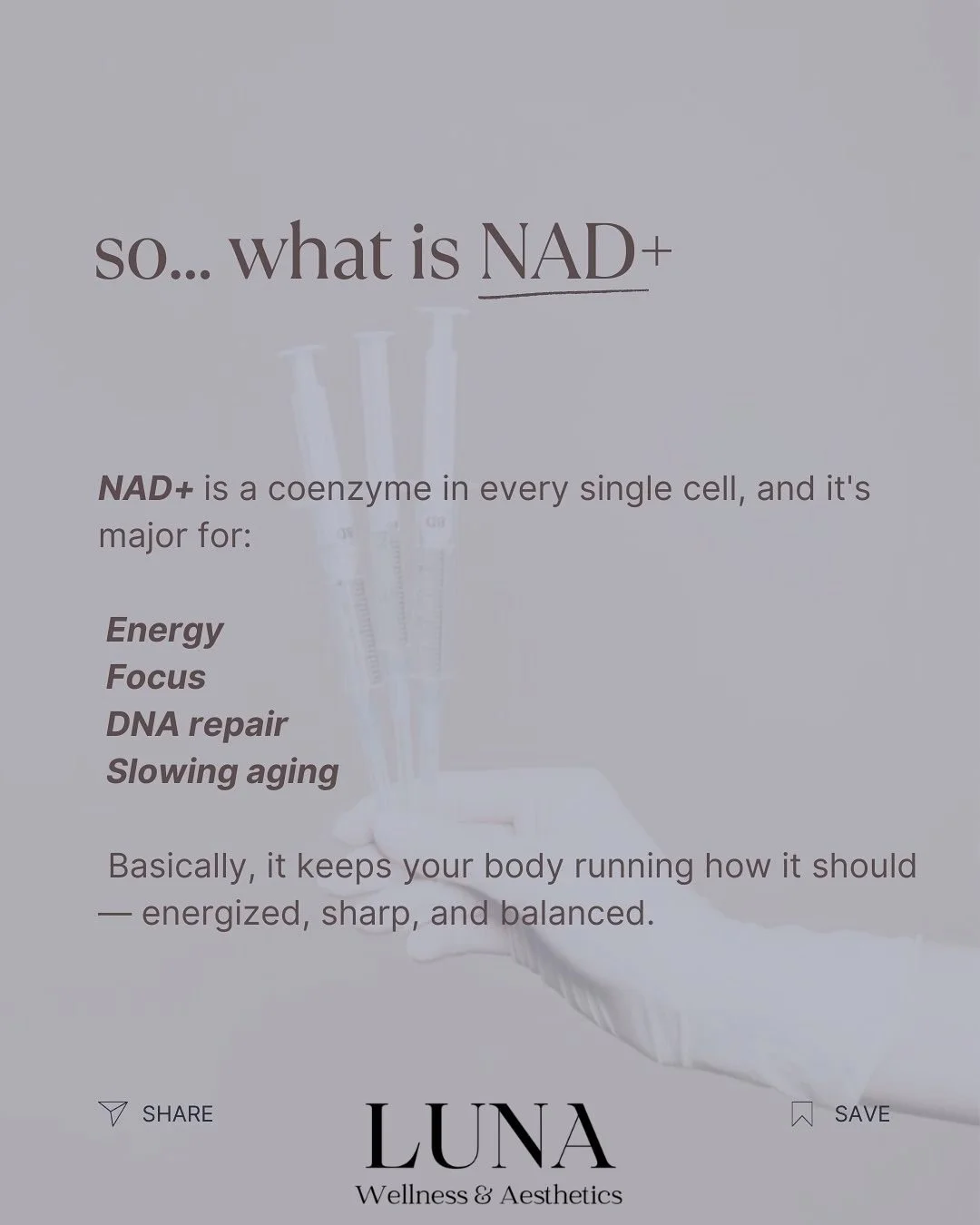 We love NAD+ because it truly recharges you from the inside out. 🌟 At Luna, we offer both NAD+ injections and IV infusions, giving your cells the fuel they need to function at their best. Think: better energy, mental focus, and recovery &mdash; all 