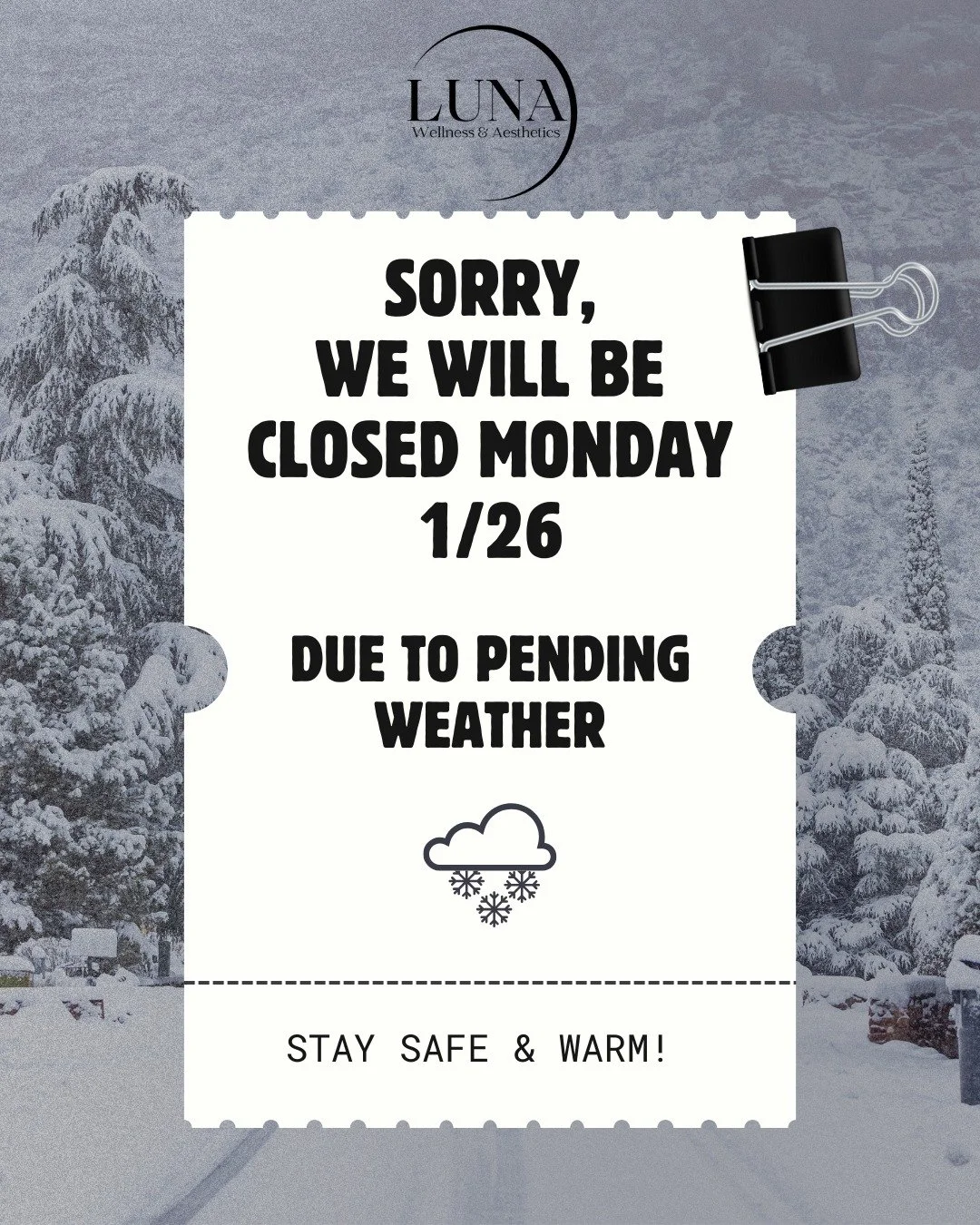Happy snow day friends!  Stay safe!  If you need to book an appointment, head to our website to book online! 

www.LunaWellnessCT.com
