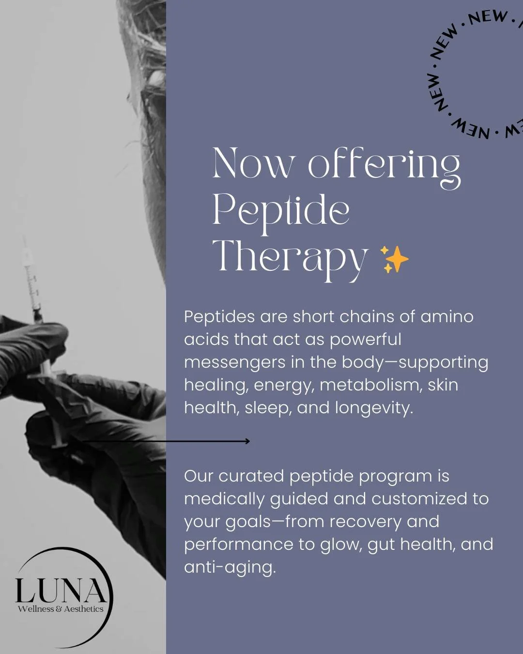 Your next level of wellness starts at the cellular level 🧬

Peptide Therapy is officially live at Luna.
Whether your goal is more energy, faster recovery, better sleep, fat loss, or radiant skin&mdash;we build your protocol intentionally and medical
