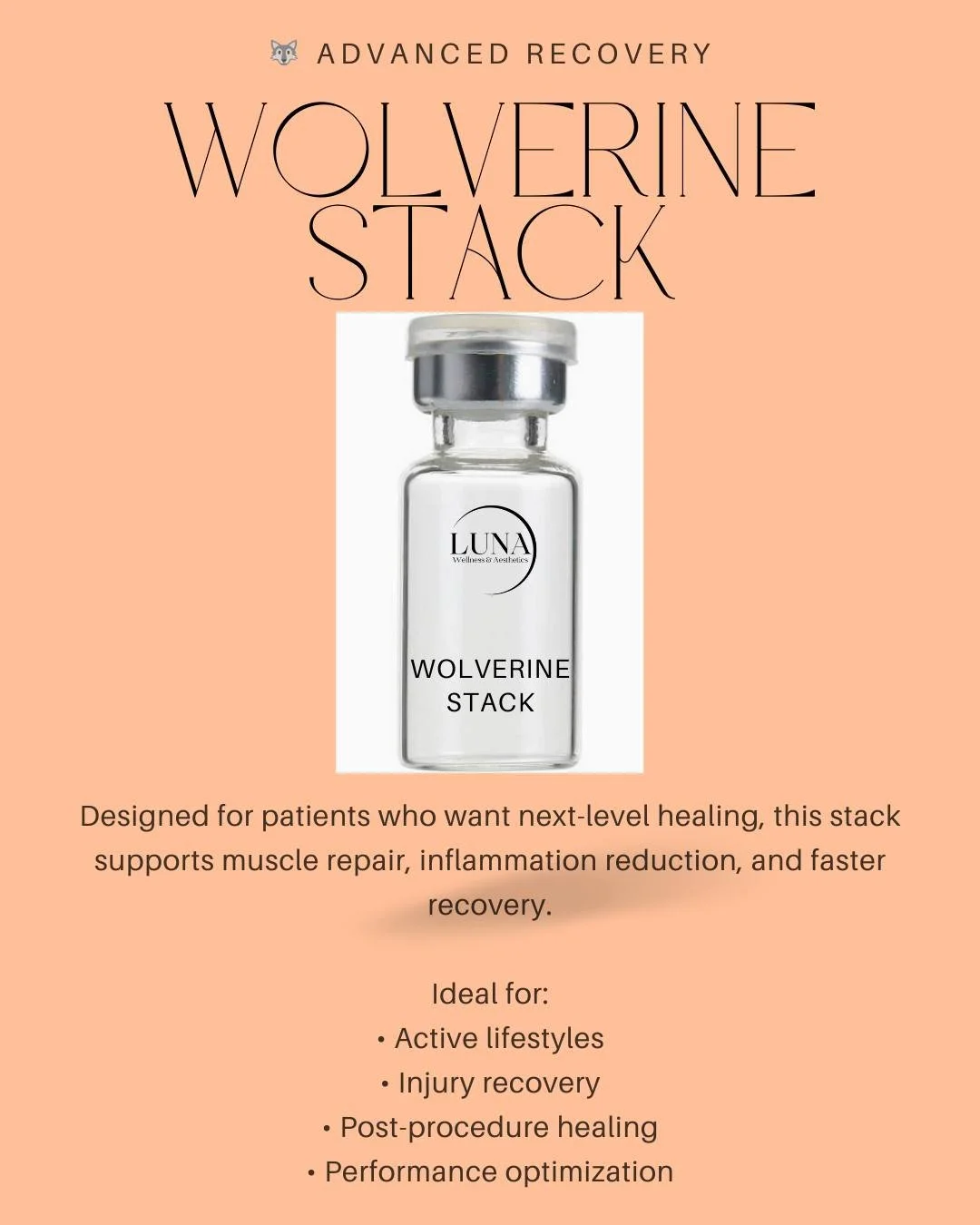 Recovery shouldn&rsquo;t be slow.

The Wolverine Stack is designed for patients who demand more from their bodies&mdash;supporting tissue repair, inflammation control, and faster recovery.

Ideal for athletes, high performers, and post-procedure heal