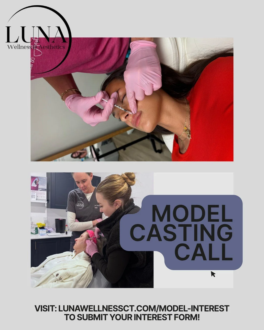 ✨ MODEL CALL AT LUNA ✨
We&rsquo;re looking for models for upcoming trainings, new provider onboarding, product testing, and social media content at Luna Wellness &amp; Aesthetics.

This is your chance to receive discounted aesthetic treatments while 