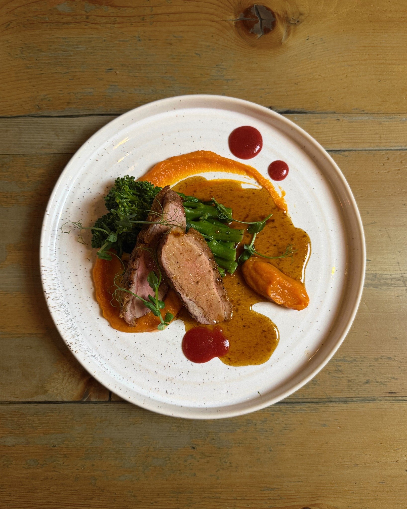 Miso glazed duck breast, sweet potato puree, tender stem, spiced plum puree, jus 🦆

✨Menus &amp; Bookings: chequerscutnallgreen.co.uk