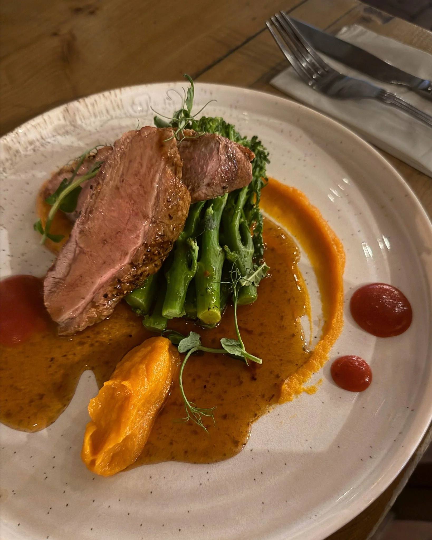 Miso glazed duck breast, sweet potato fondant, tenderstem, spiced plum puree, jus 🦆

✨Menus &amp; Bookings: chequerscutnallgreen.co.uk