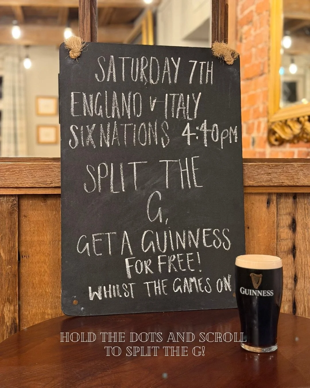 Hold the dots and scroll to split the G! 

See you at 4:40pm for kick-off! 🏉 or maybe a bit earlier for some lunch before the game 🍽️

#splittheg #sixnations #ukpub
