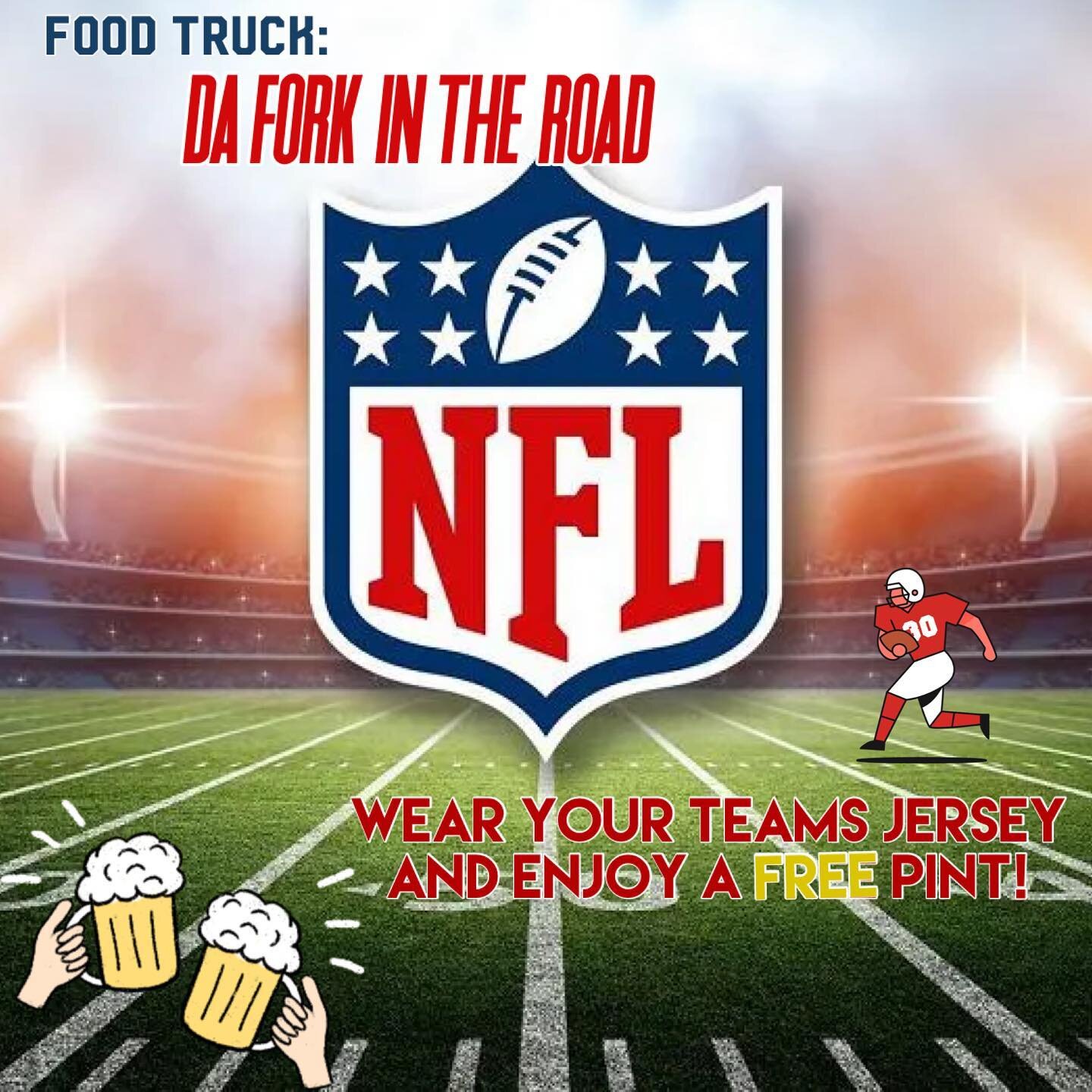 Join us for our very first NFL SUNDAY of the 2022 season! 🎉🏈 Wear your teams jersey and grab a free pint while you enjoy some great food from @daforkintheroad! Can&rsquo;t wait to see you Sunday 🍻 
&bull;
&bull;
We are open today from 10-4! ✨

#NF