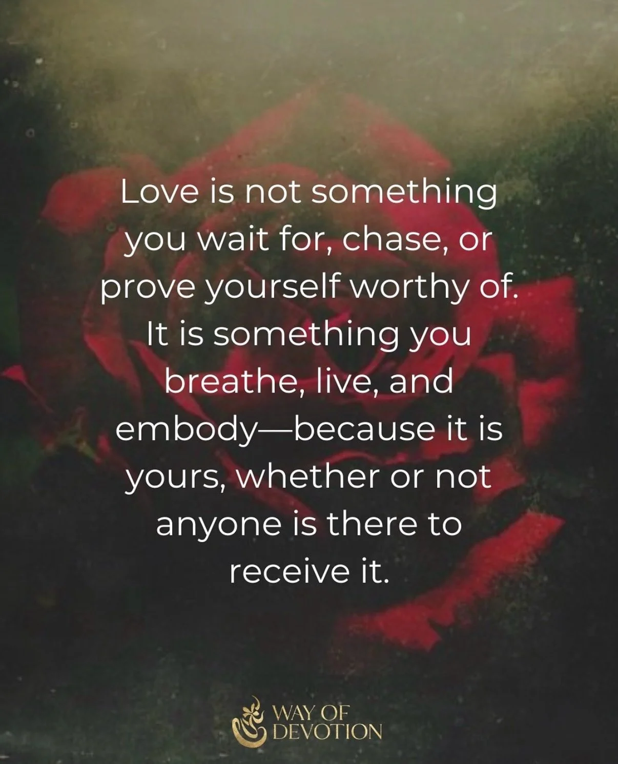 Your capacity to love is not dependent on whether you have someone to receive it.

Loving is not something that happens to you.

It is something that moves through you.

And when you remember this, you reclaim your power.

❤️&zwj;🔥

#wayofdevotion #