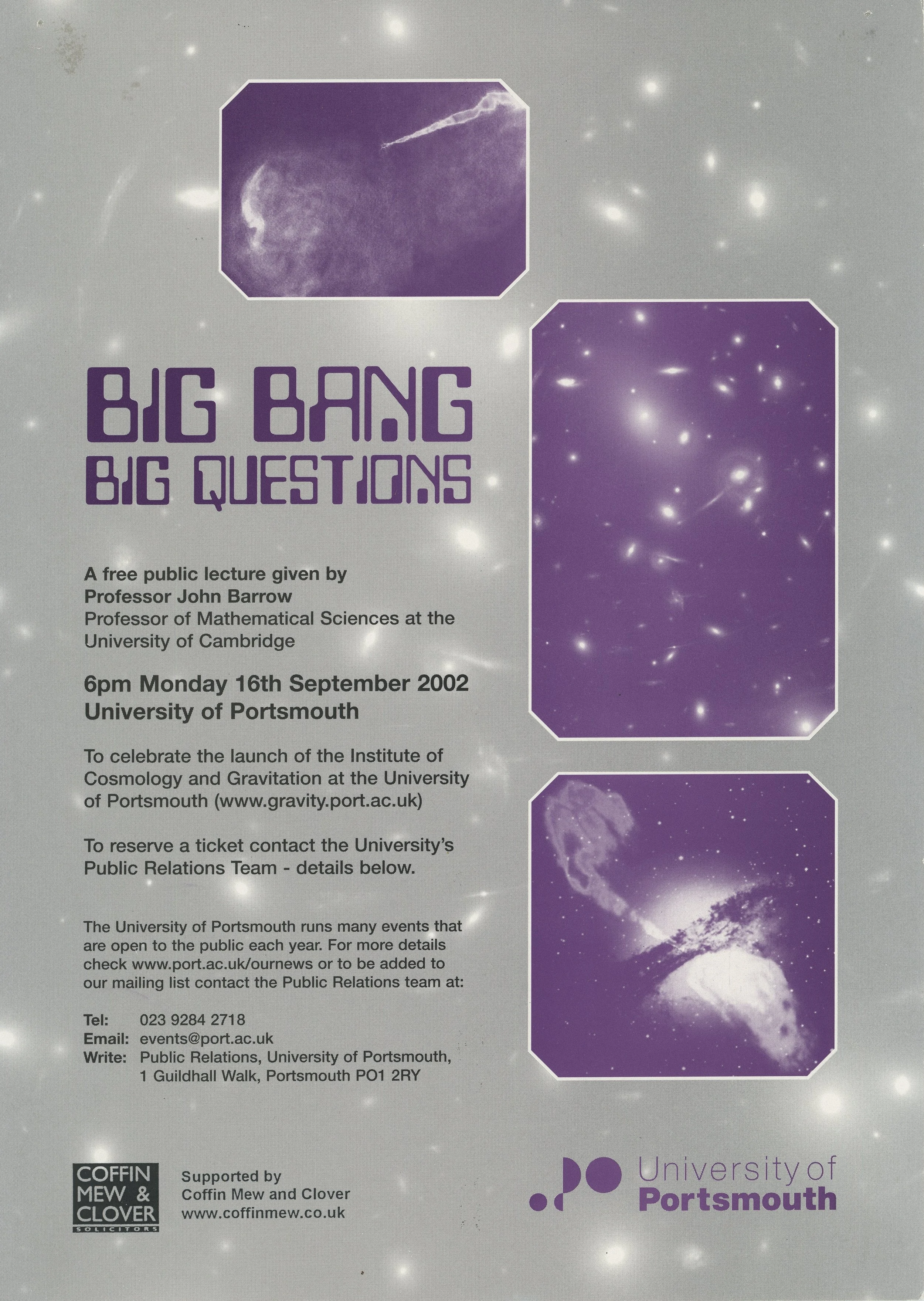 Poster for a public lecture titled 'Big Bang Big Questions' at the University of Portsmouth, featuring images of cosmic phenomena like nebulae and galaxies, scheduled for September 16, 2002.