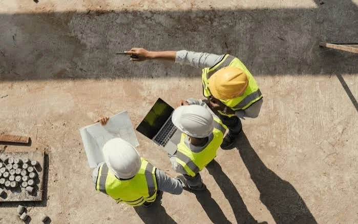 Overhead view of a crew in hard hats reviewing plans on a job site
