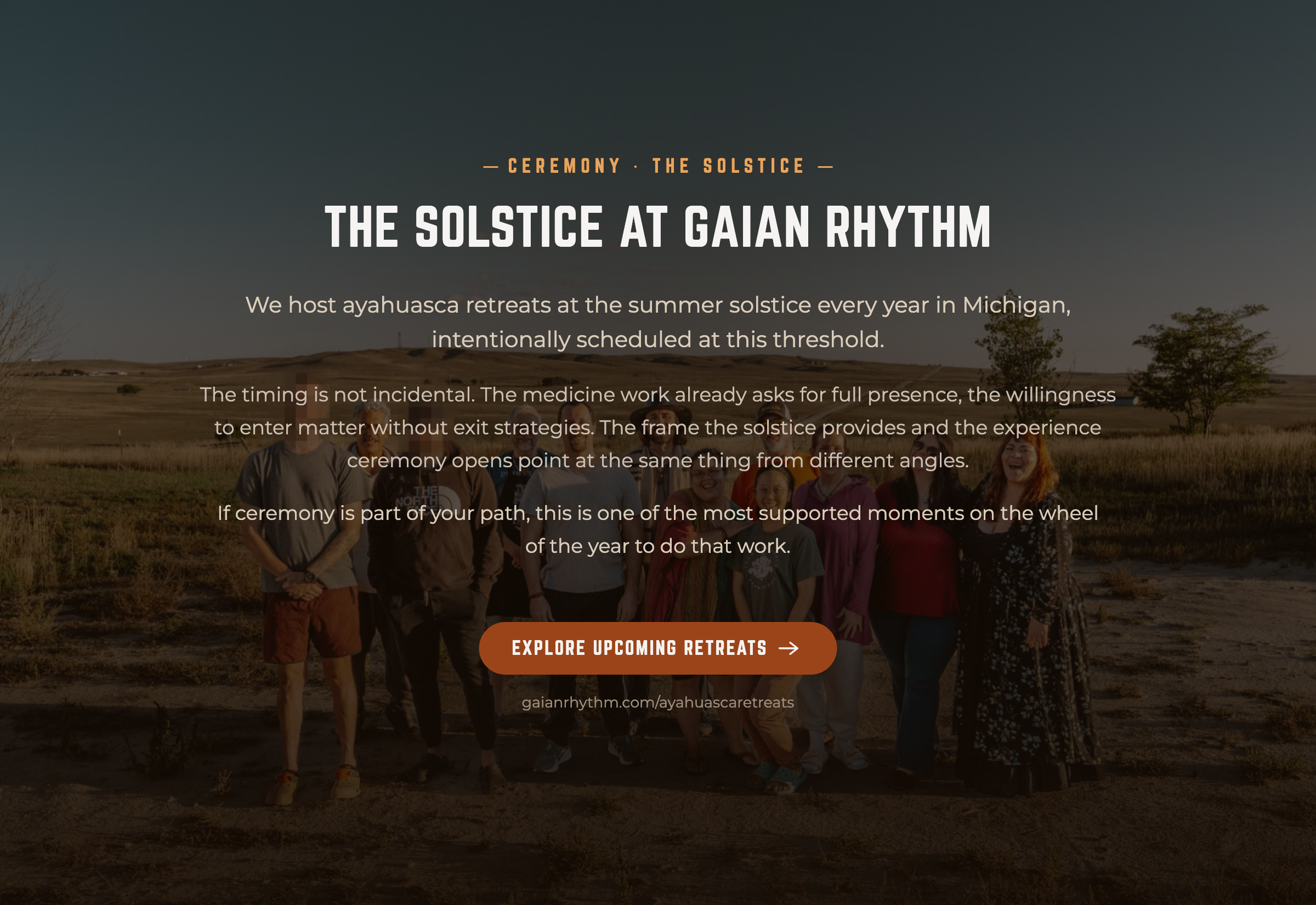 A Gaian Rhythm community gathered at golden hour, inviting readers to summer solstice ayahuasca retreats in Michigan.