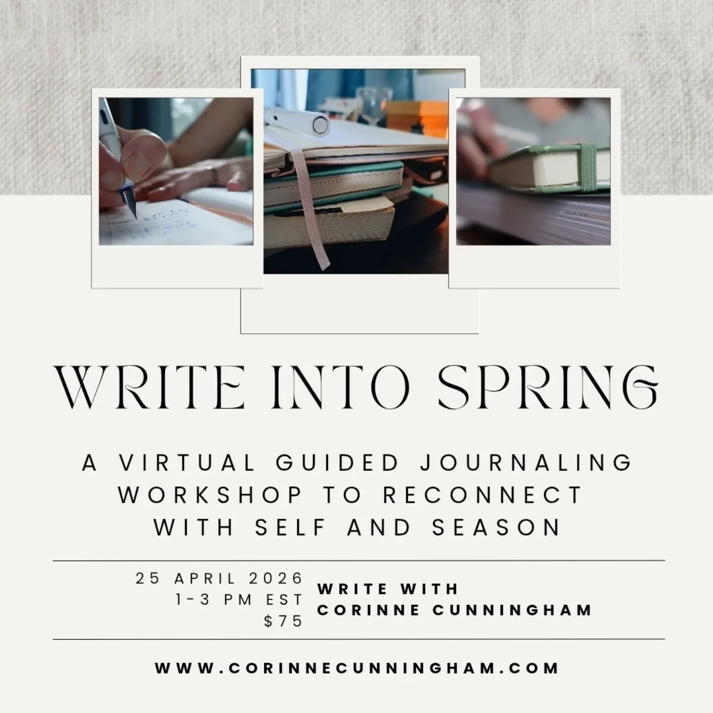 Join me for a virtual journaling workshop later this month!

In this two-hour writing workshop, we'll use prompts and freewriting as an entry point to reconnect with ourselves and focus on what we are feeling, cultivating, and creating this spring 🌱