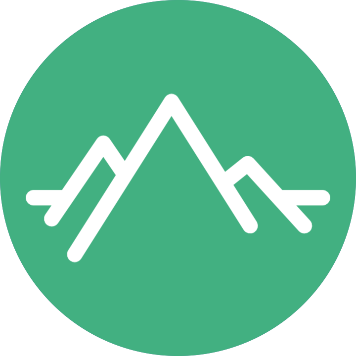 White outline mountain peaks logo on a green circular background