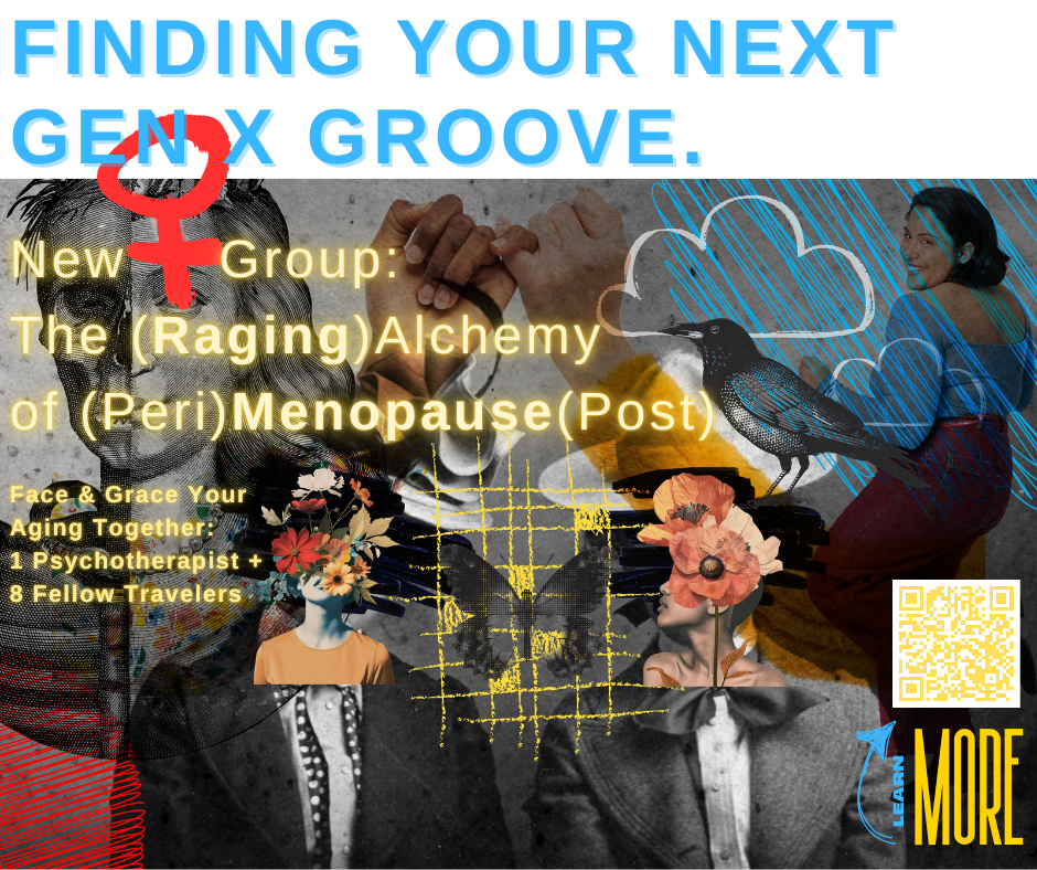 Colorful promotional poster with various images and text about a new support group for menopause post-raging alchemy, featuring illustrations of women, flowers, and a bird, with QR code and contact details.