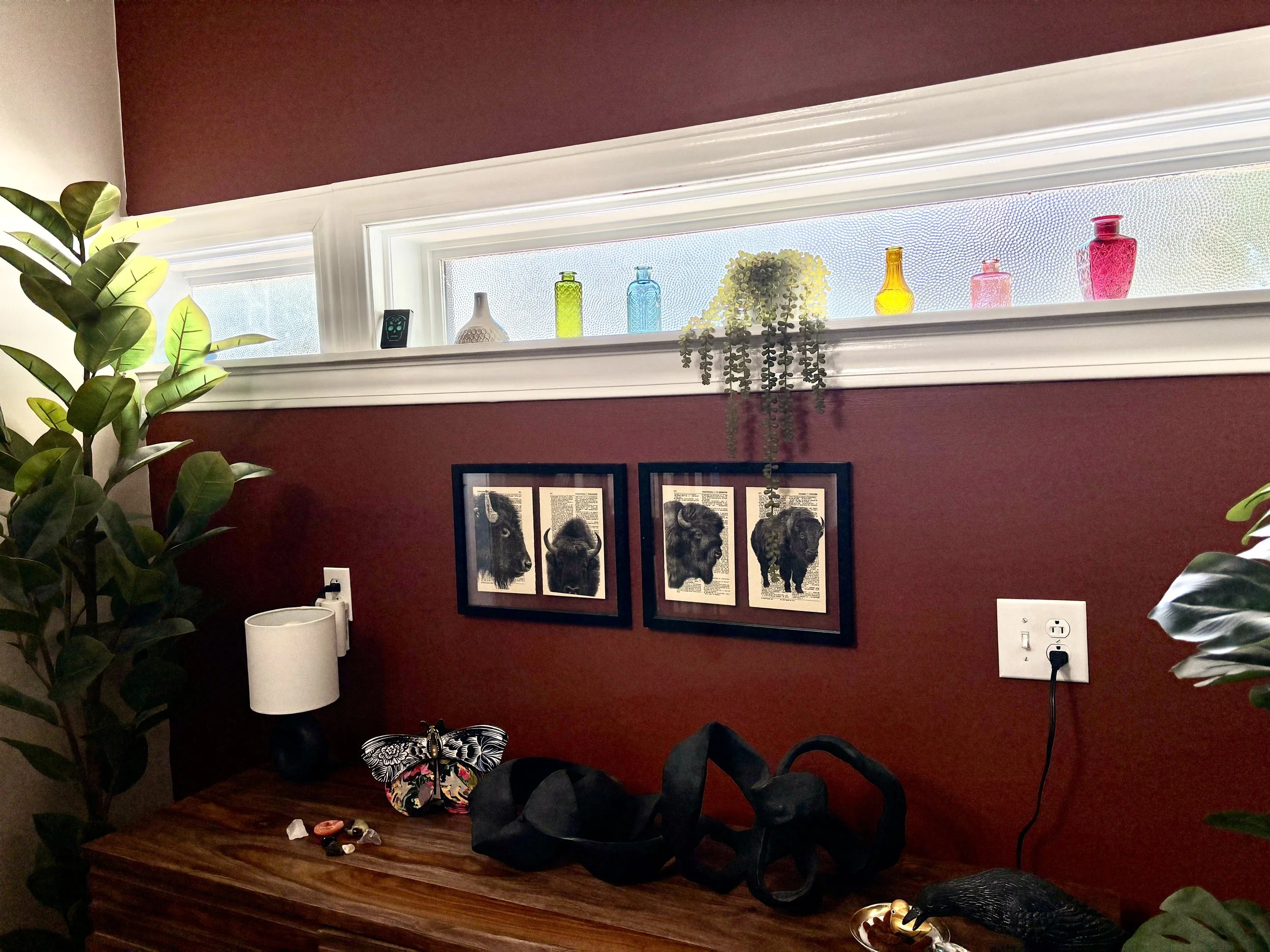 A long rectangular window on a red wall, decorated with colorful bottles and a plant at the top. Below the window, framed animal illustrations hang on the wall. A table with a butterfly sculpture and various objects is in the foreground, and a lamp on a stand, a power outlet, and some plants are visible.