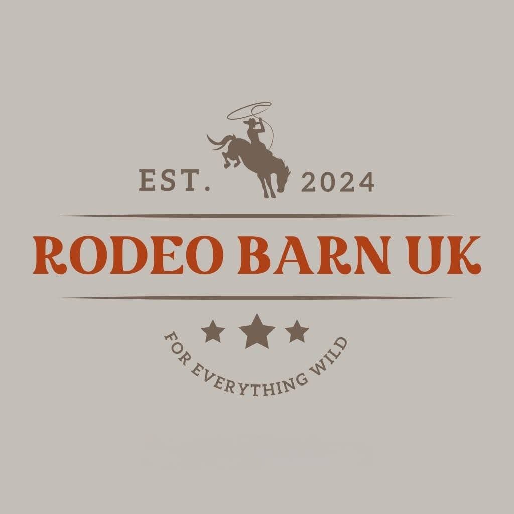 Logo for Rodeo Barn UK, established in 2024, featuring a silhouette of a cowboy on a bucking horse holding a lasso, with the tagline "For Everything Wild."