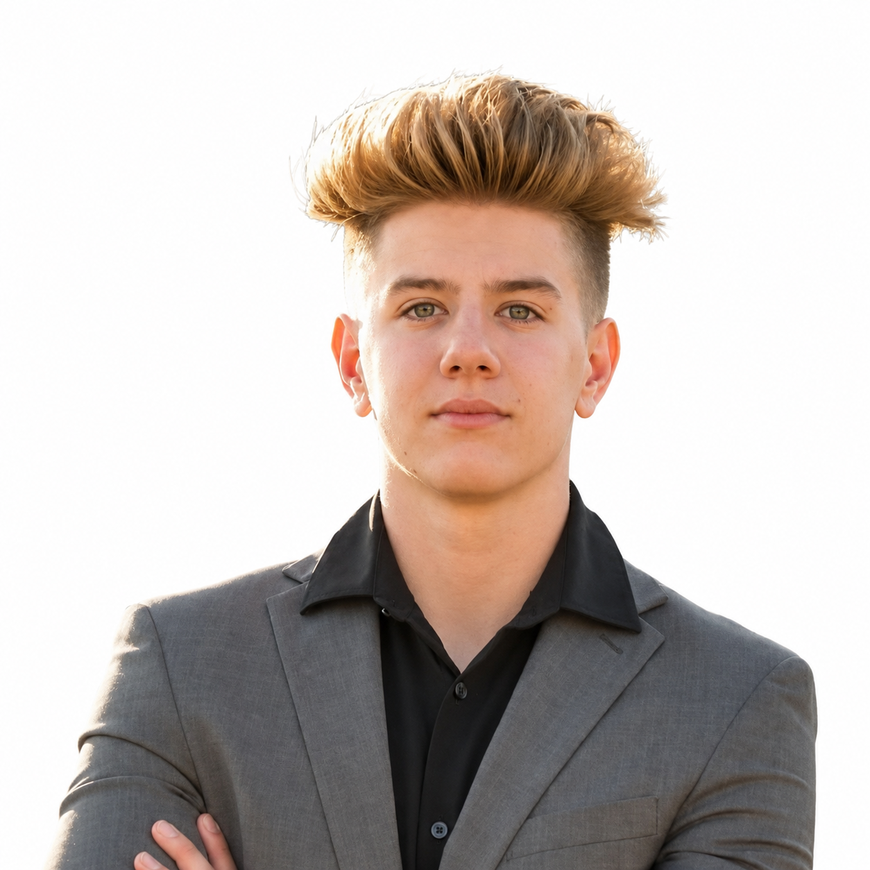 Portrait of a young man with styled blond hair wearing a gray suit and black shirt, standing outdoors against a bright sky.
