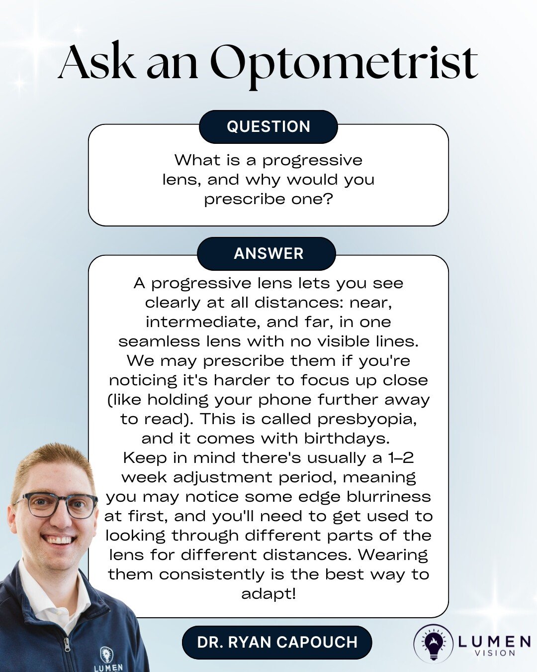Squinting at the menu again? 👀 It might be time to talk to your optometrist about progressive lenses. Here's what you need to know!

Have a question for your favorite eye experts? Drop it in the comments below!