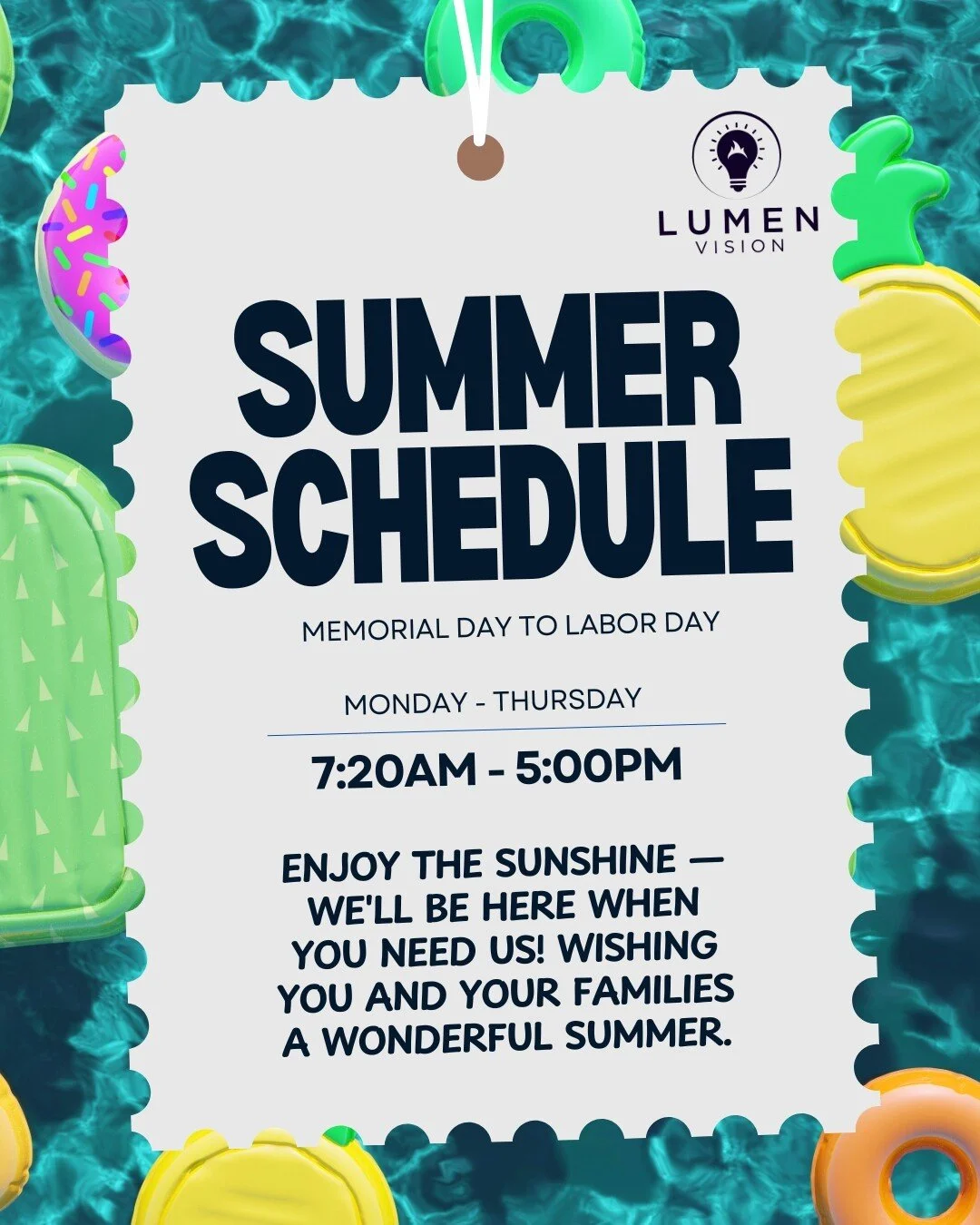 Summer is calling! Check our updated hours beginning next week and book an appointment so your whole family can enjoy the clearest, brightest summer yet. 🌞 Book online at www.lumen.vision