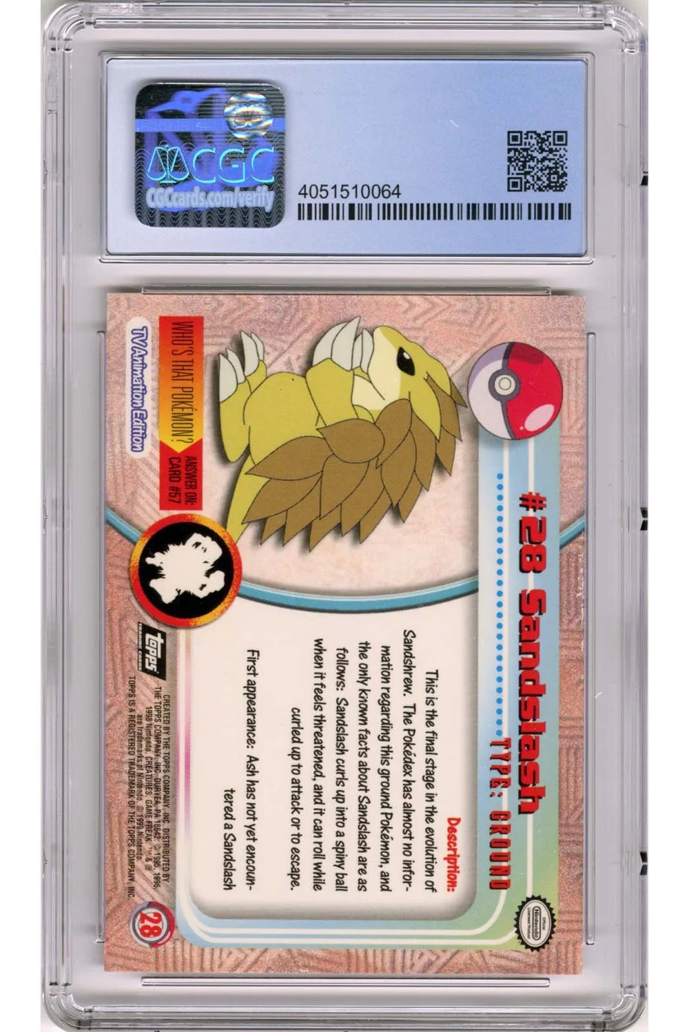 Sandslash 1999 Pokmon Topps Series 1 Fourth Print Rainbow Foil CGC 7   Stone Town Collectibles