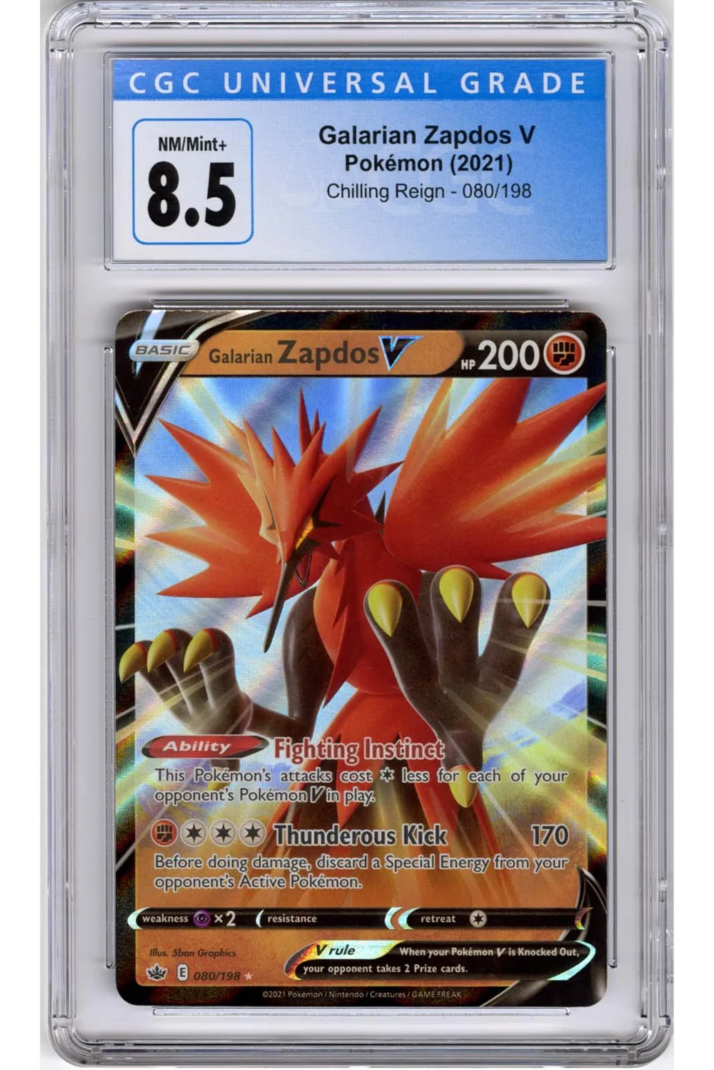 Galarian Zapdos V 2021 Pokemon Chilling Reign 80/198 CGC 8.5 Stone Town Collectibles Galarian Zapdos V 2021 Pokemon Chilling Reign 80/198 CGC 8.5 Stone Town Collectibles