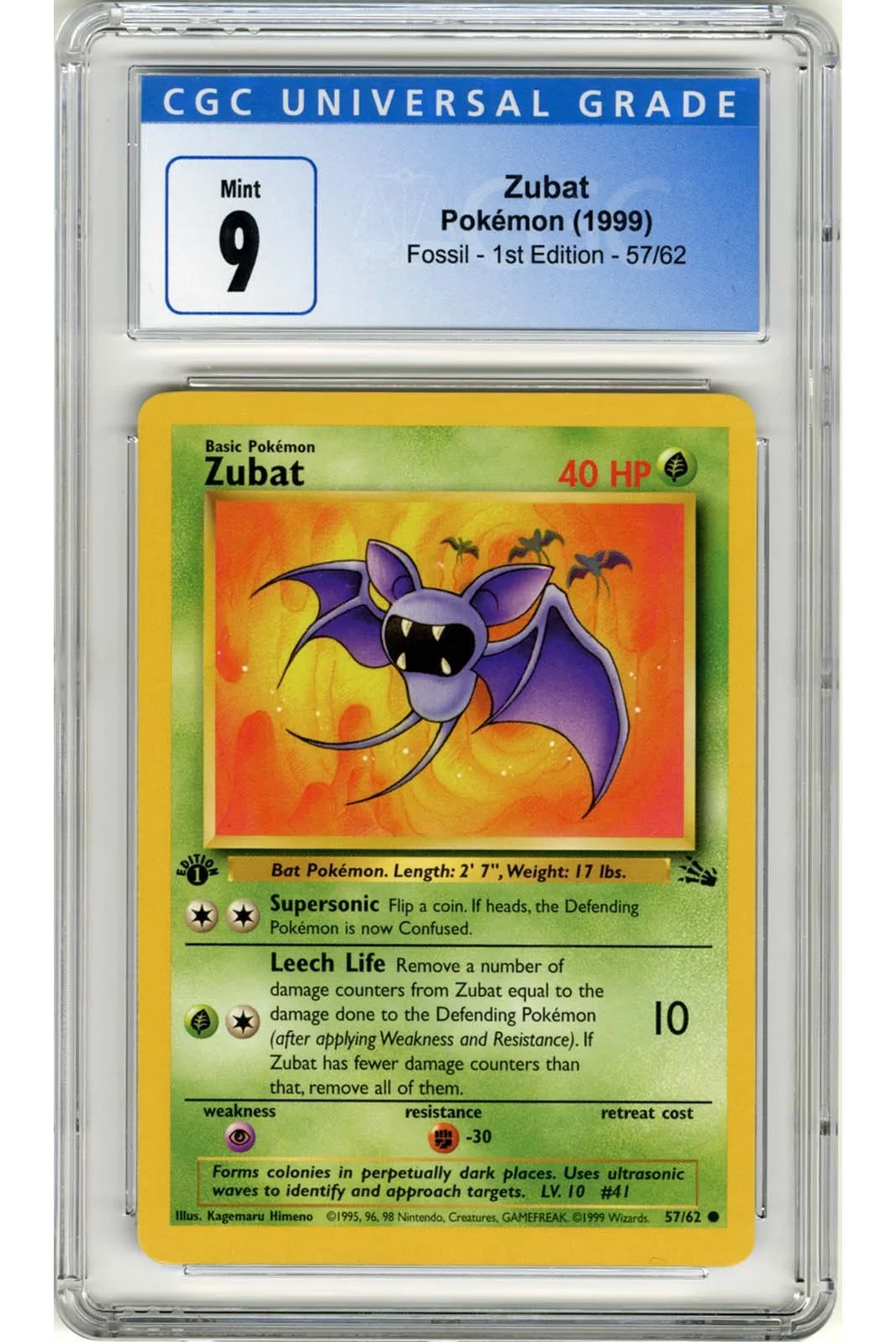 Zubat 1999 Pokmon Fossil 1st Edition 57/62 CGC 9 Stone Town Collectibles Zubat 1999 Pokmon Fossil 1st Edition 57/62 CGC 9 Stone Town Collectibles
