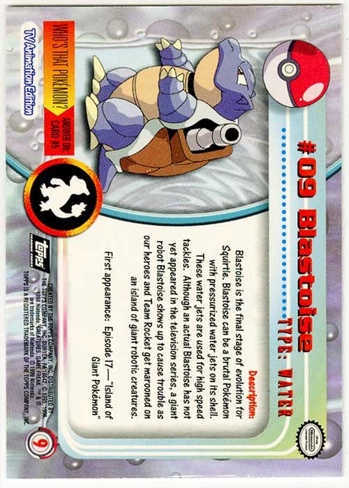 1999 Pokmon Topps TV Animation Edition Blastoise #9  Stone Town  Collectibles