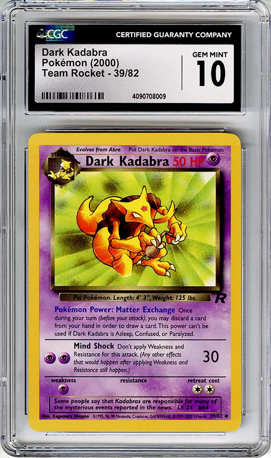 Dark Kadabra 2000 Pokmon Team Rocket Unlimited 39/82 CGC 9.5  Stone Town  Collectibles