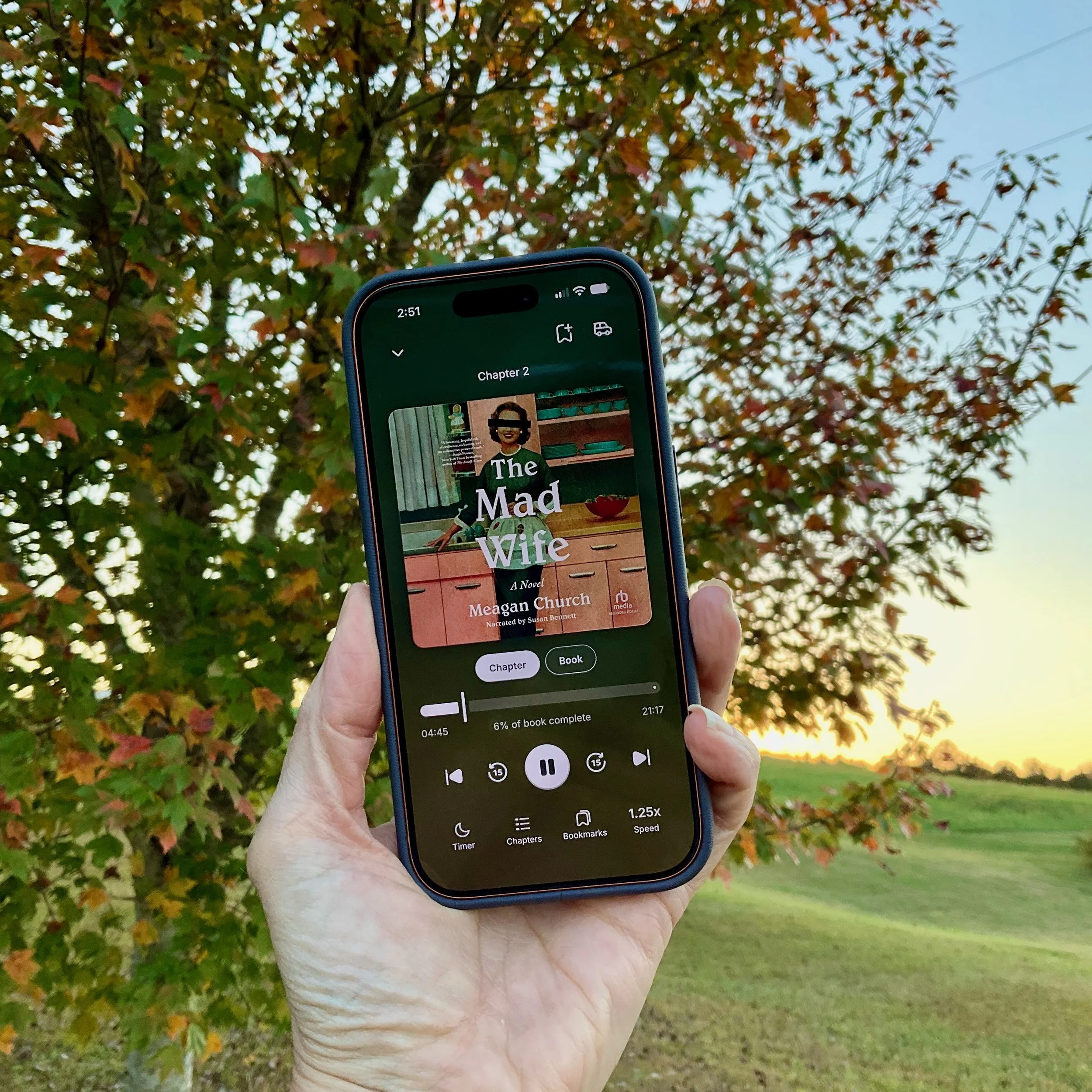 A phone displaying The Mad Wife audiobook held up against an autumn tree and a sunset sky.