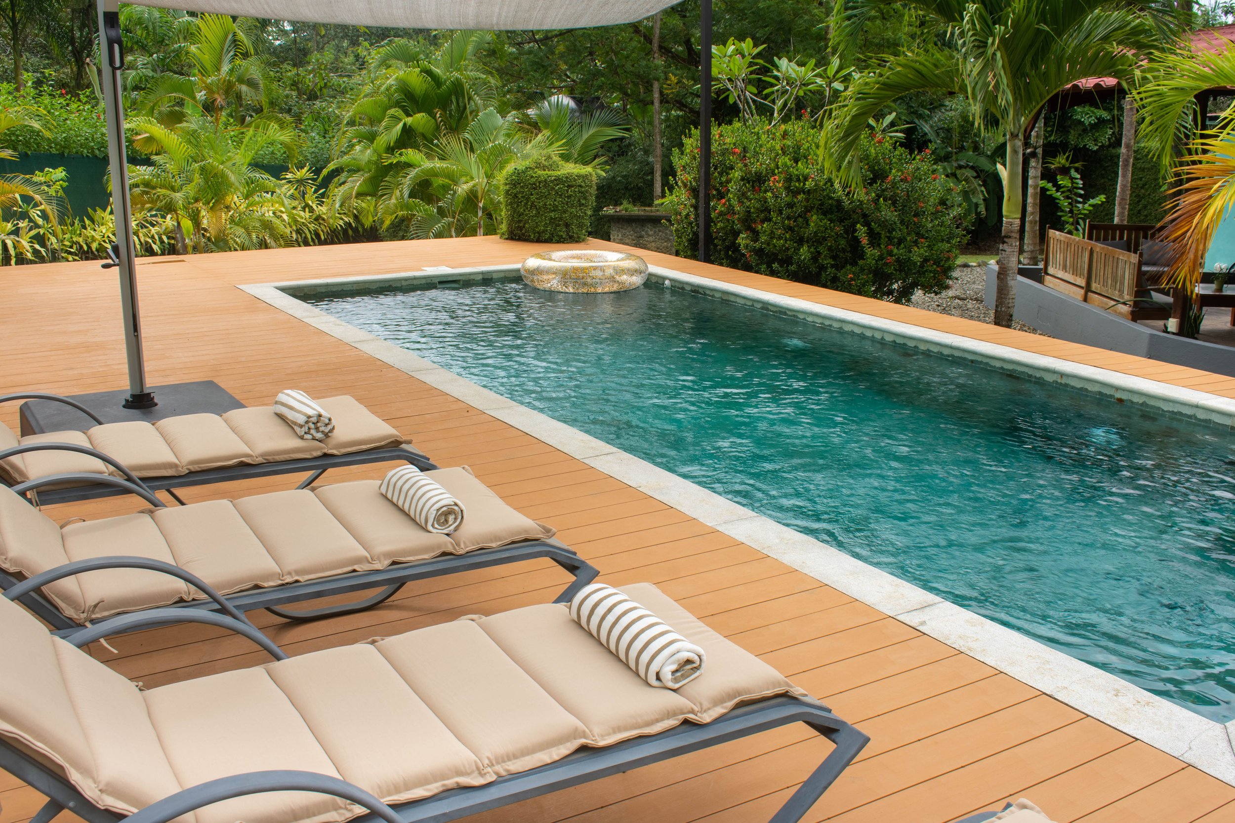 Ein Swimmingpool auf einer Holzterrasse, umgeben von üppigen grünen Pflanzen und Bäumen, mit Liegestühlen und aufgerollten Handtüchern.