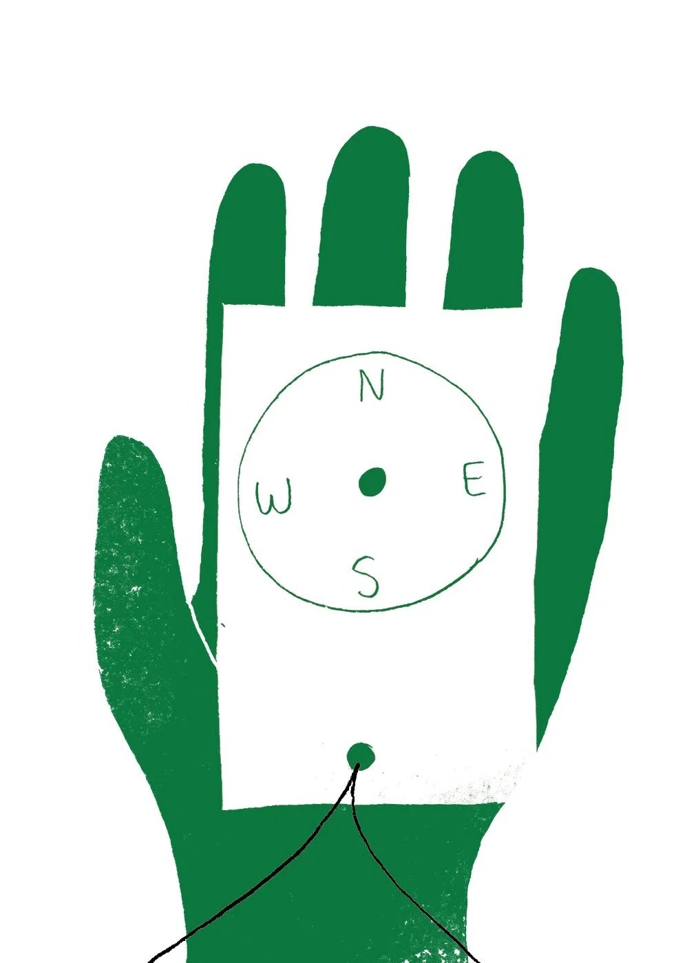 A hand holding a white music player with a circular compass design on it, displaying the directions N, E, S, W. The hand and device are shown in dark green against a white background.