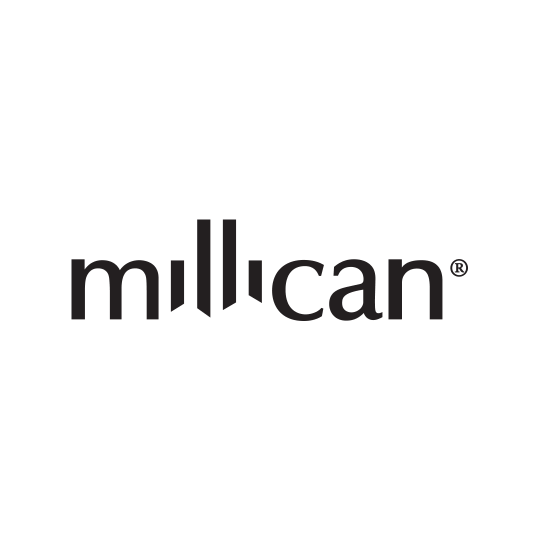 Black and white logo of millcan with a stylized globe and the brand name underneath.