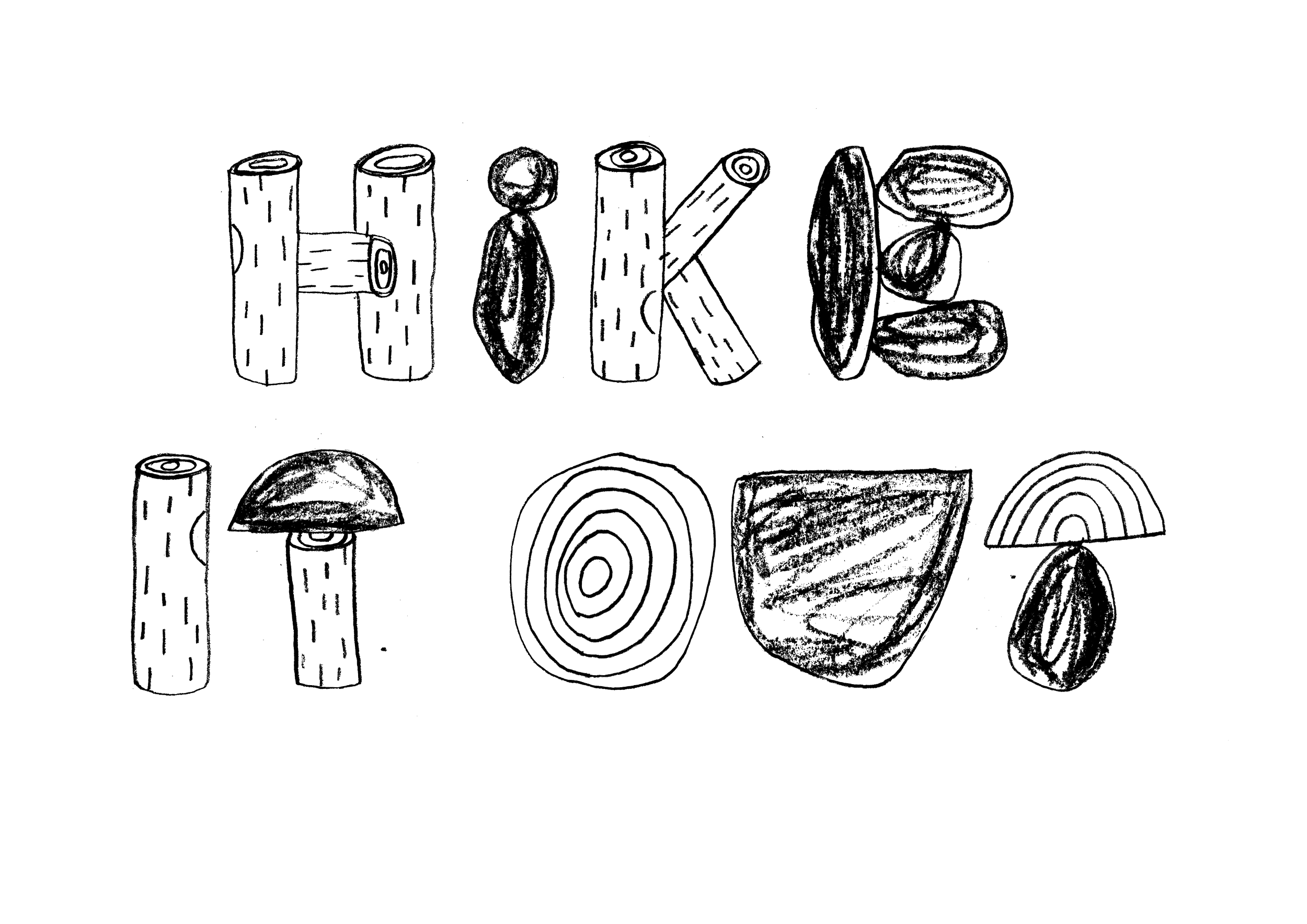 Blackboard drawing with the words 'HACK LOVE' written in capital letters, with each letter filled with a sketch of a different type of wood or wood grain pattern.