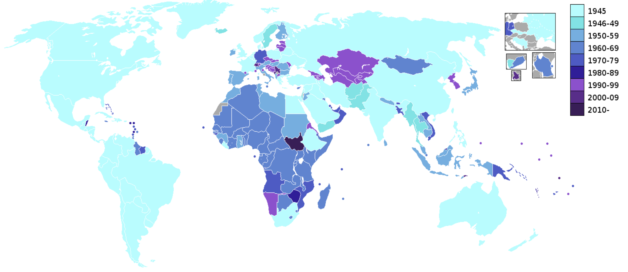 Diagram showing the expansion of UN membership overtime, starting from 1945, through to 2010